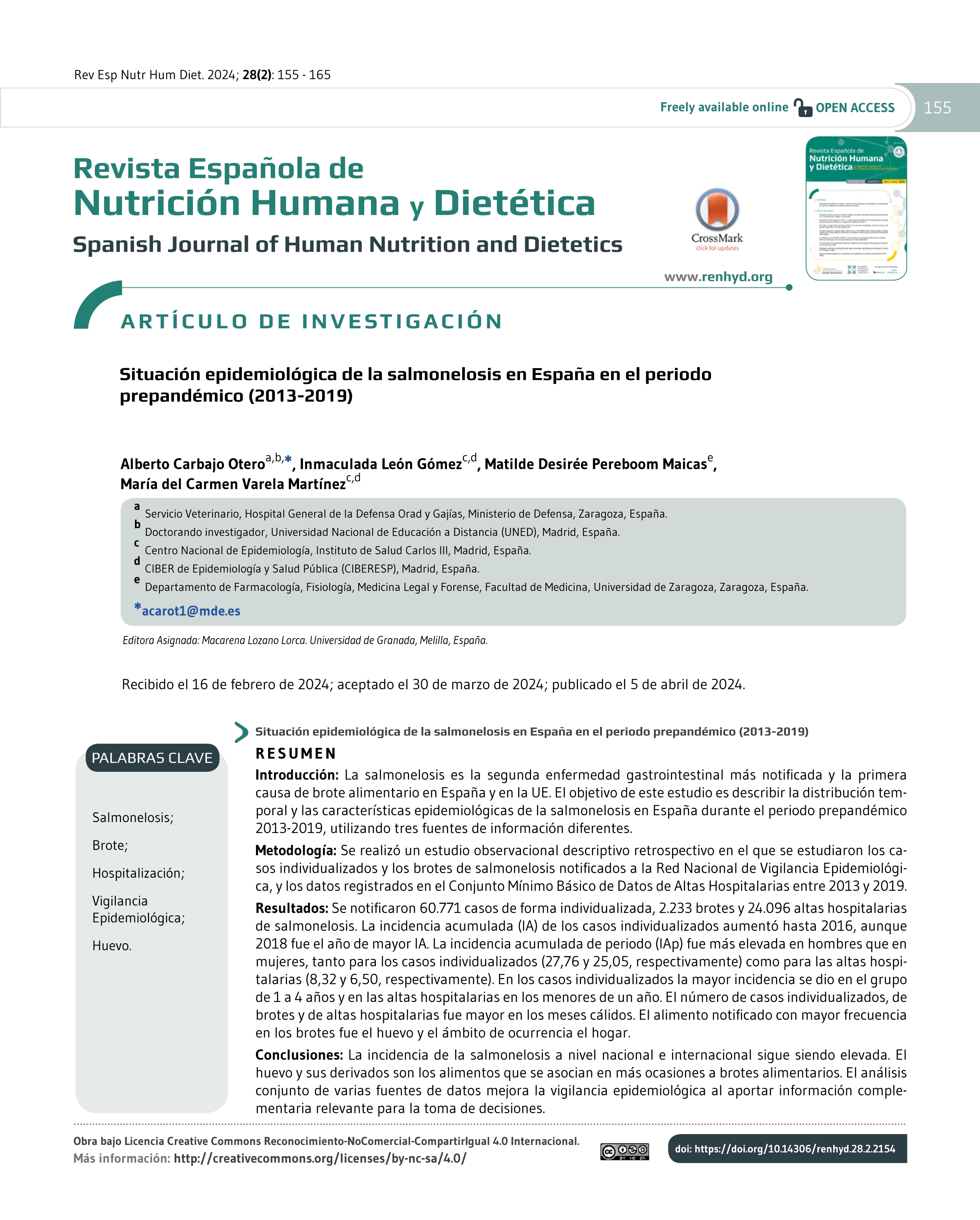 Situación epidemiológica de la salmonelosis en España en el periodo prepandémico (2013-2019)