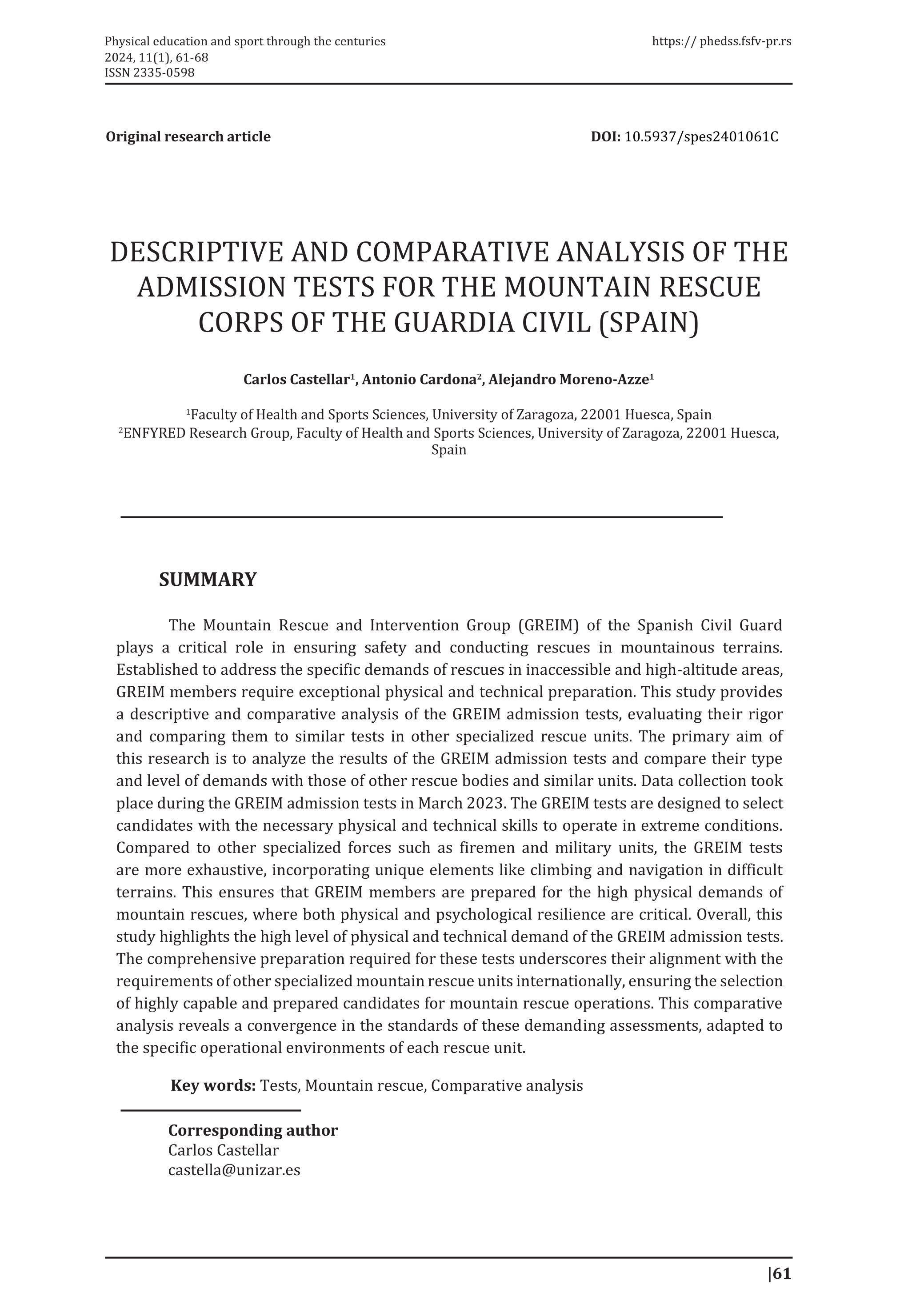 Descriptive and comparative analysis of the admission tests for the mountain rescue corps of the Guardia Civil (Spain)