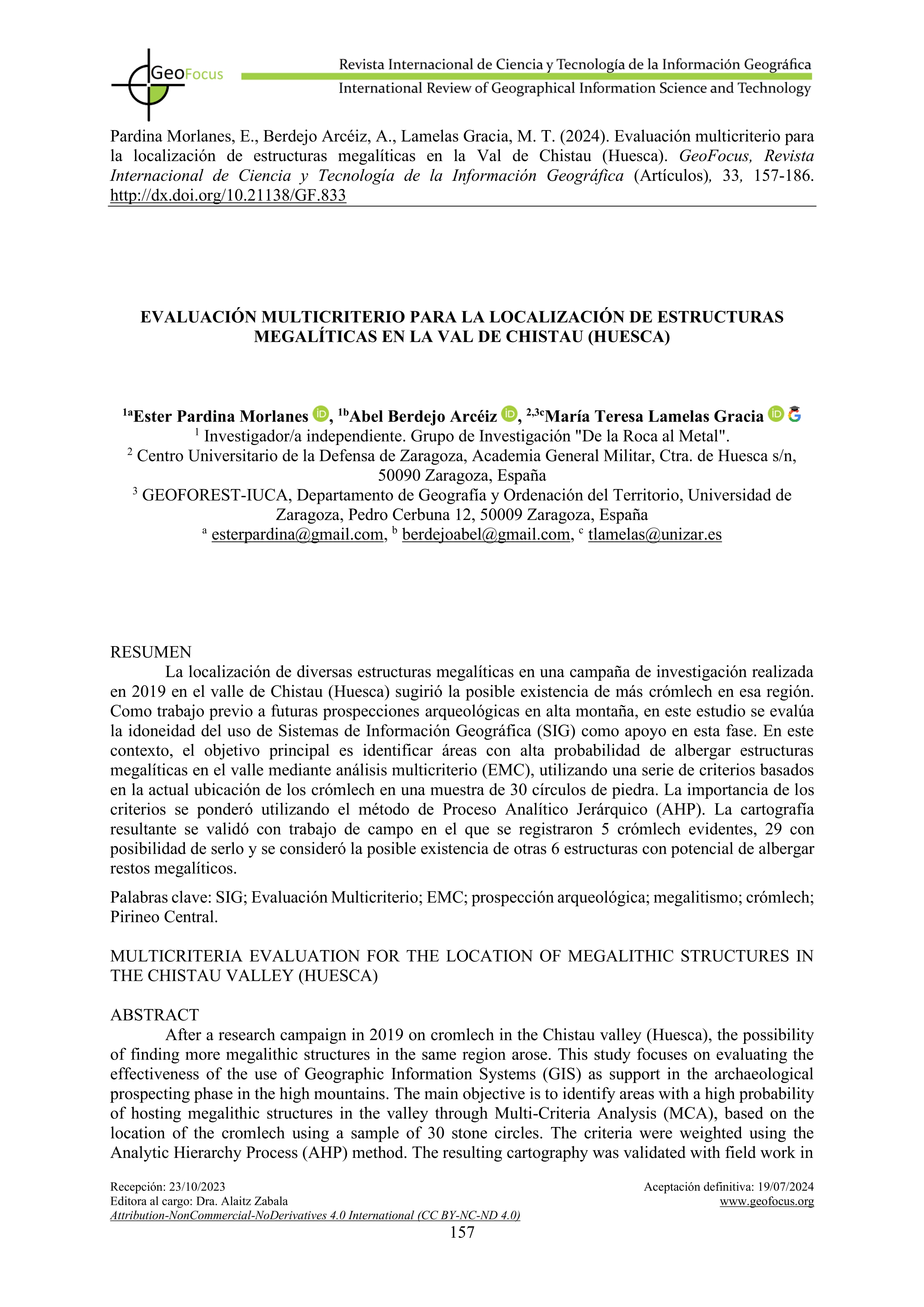 Evaluación multicriterio para la localización de estructuras megalíticas en la Val de Chistau (Huesca)