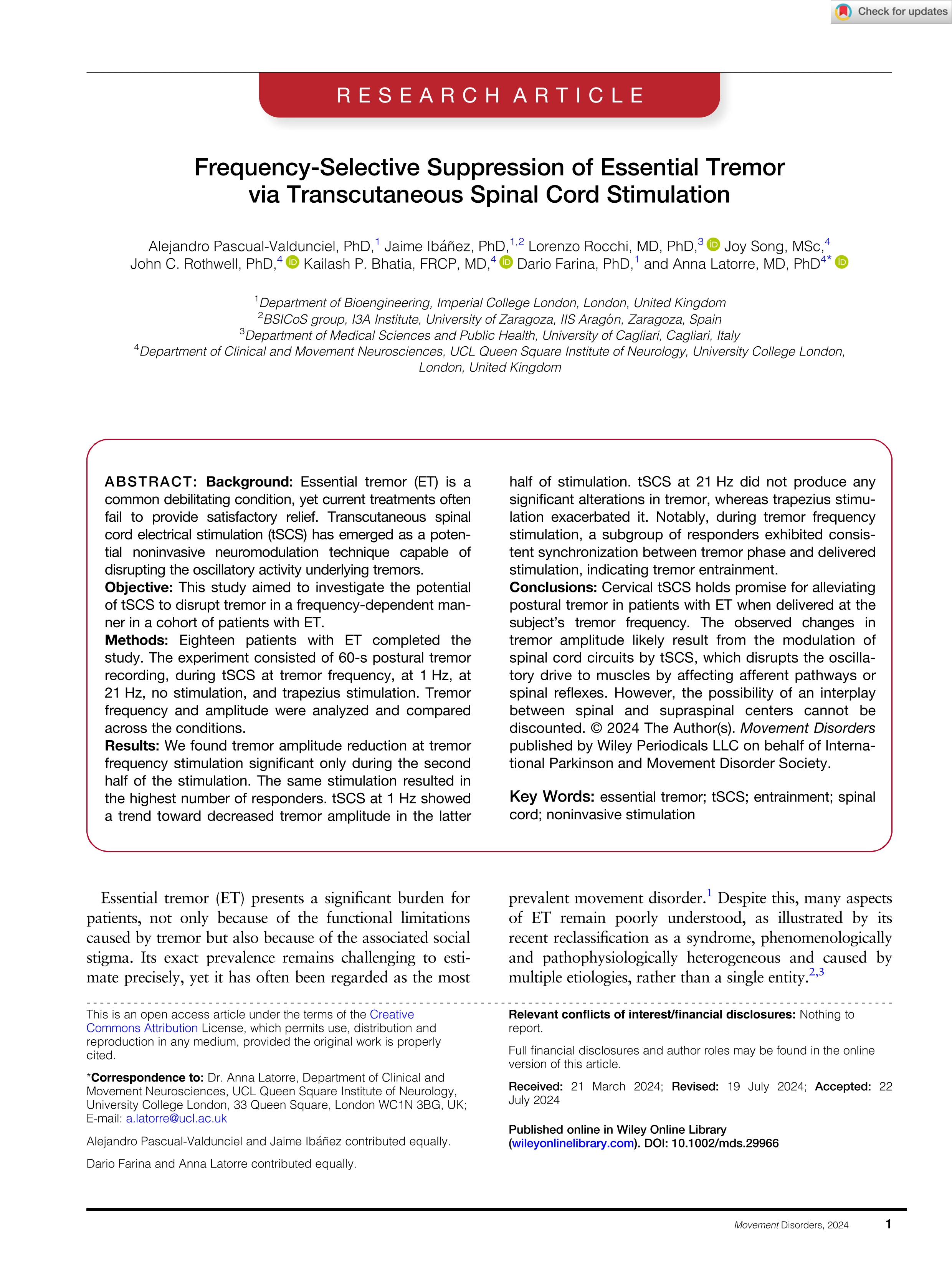 Frequency-selective suppression of essential tremor via transcutaneous spinal cord stimulation