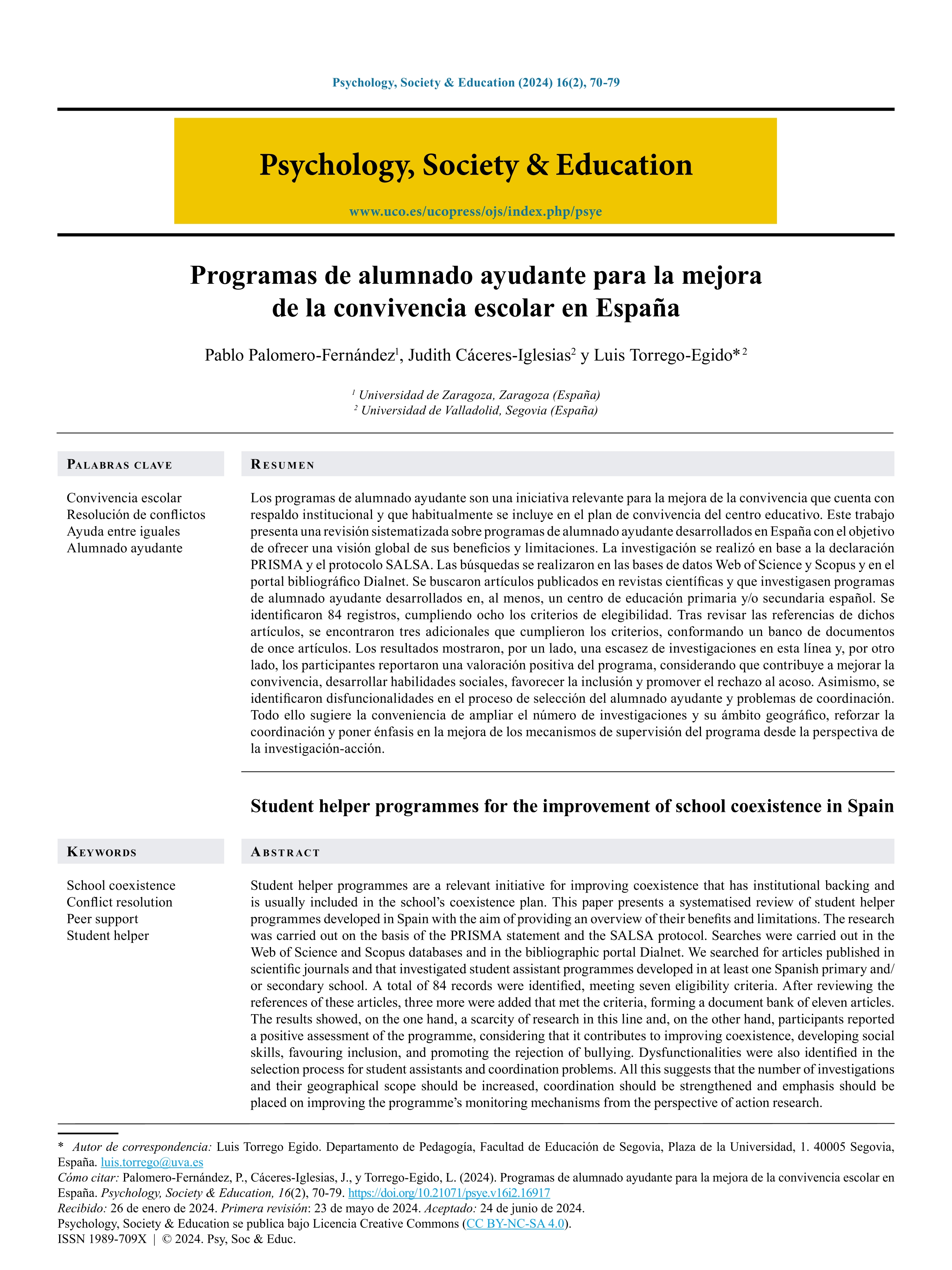 Programas de alumnado ayudante para la mejora de la convivencia escolar en España
