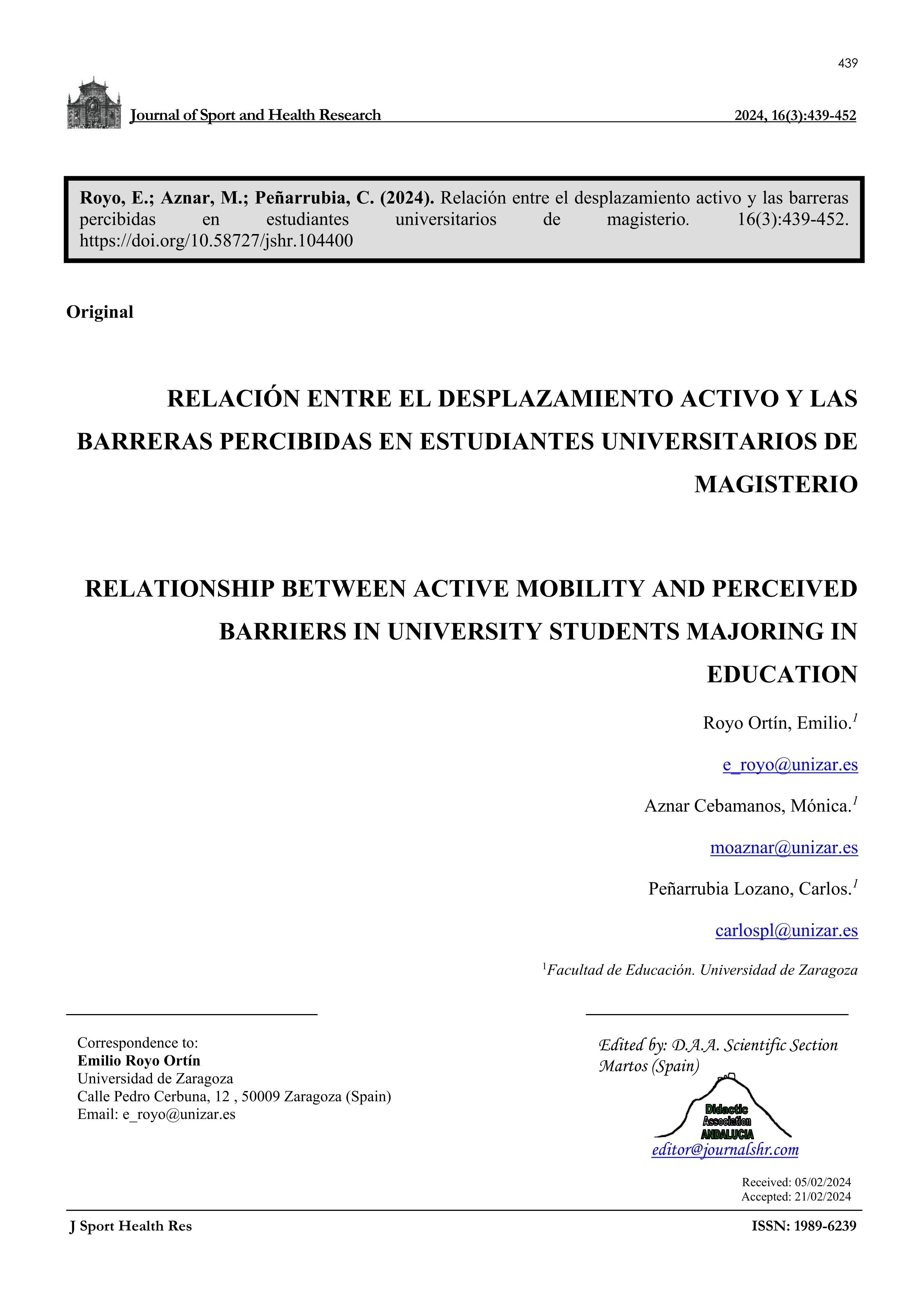 Relación entre el desplazamiento activo y las barreras percibidas en estudiantes universitarios de Magisterio
