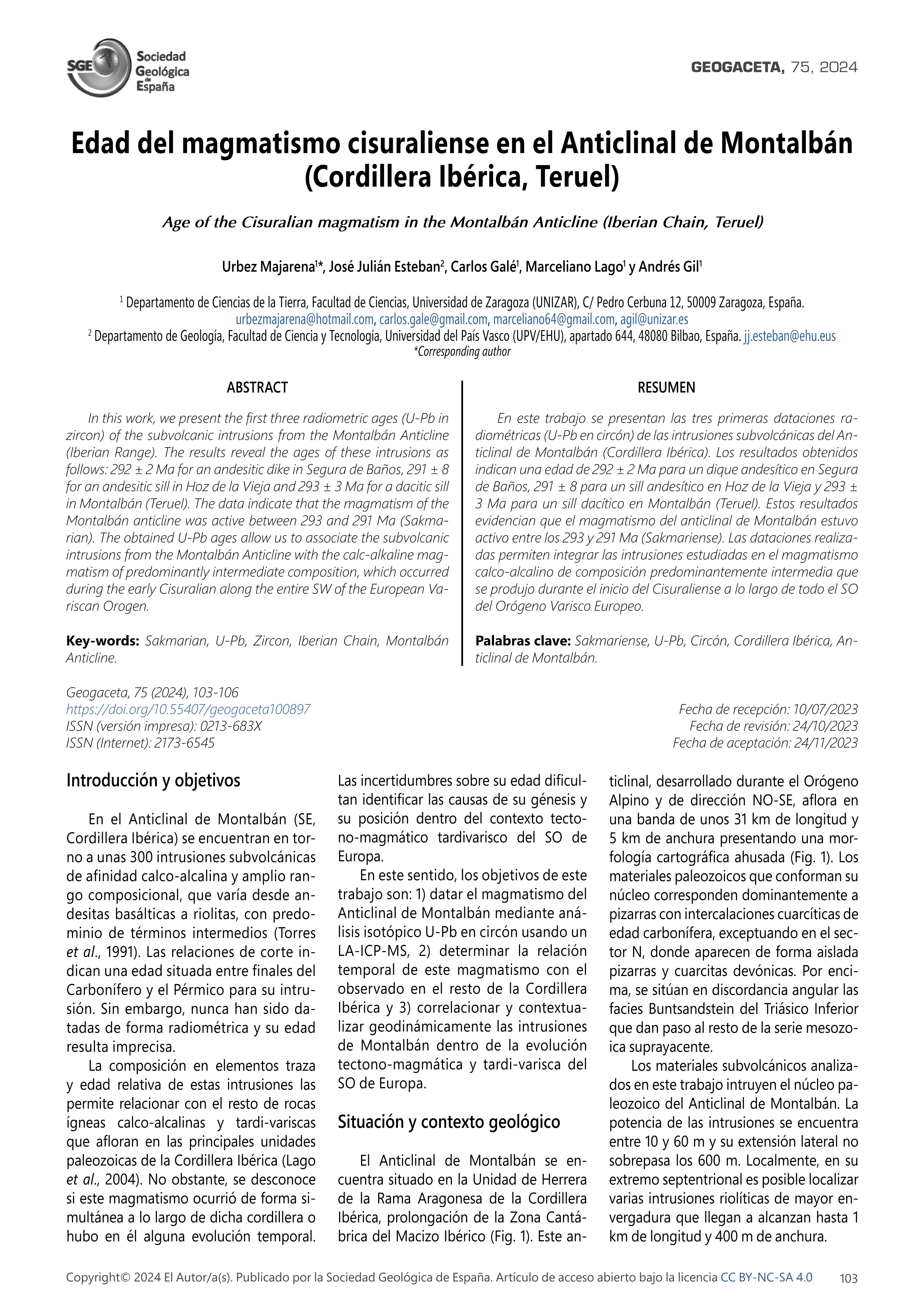 Edad del magmatismo cisuraliense en el Anticlinal de Montalbán (Cordillera Ibérica, Teruel)