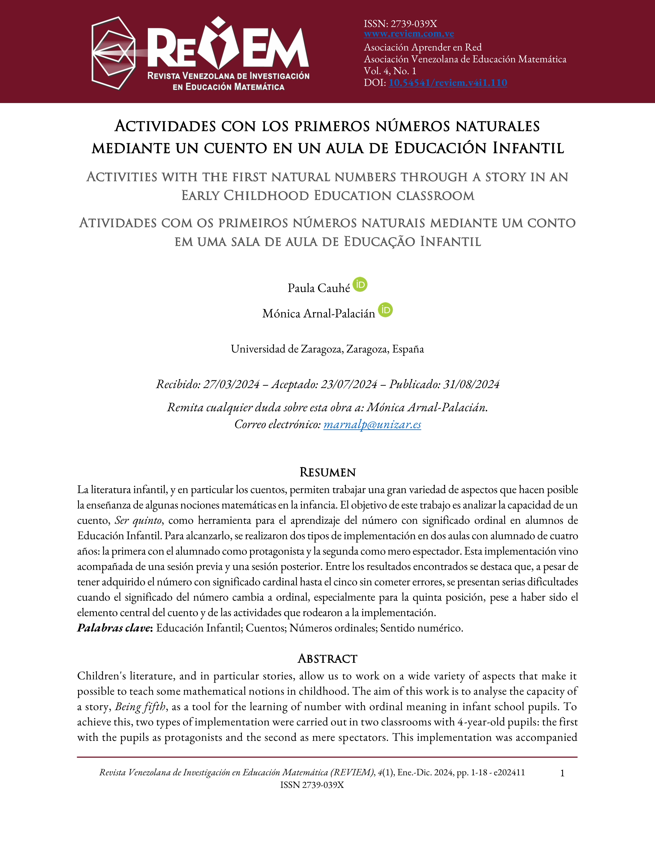 Actividades con los primeros números naturales mediante un cuento en un aula de Educación Infantil