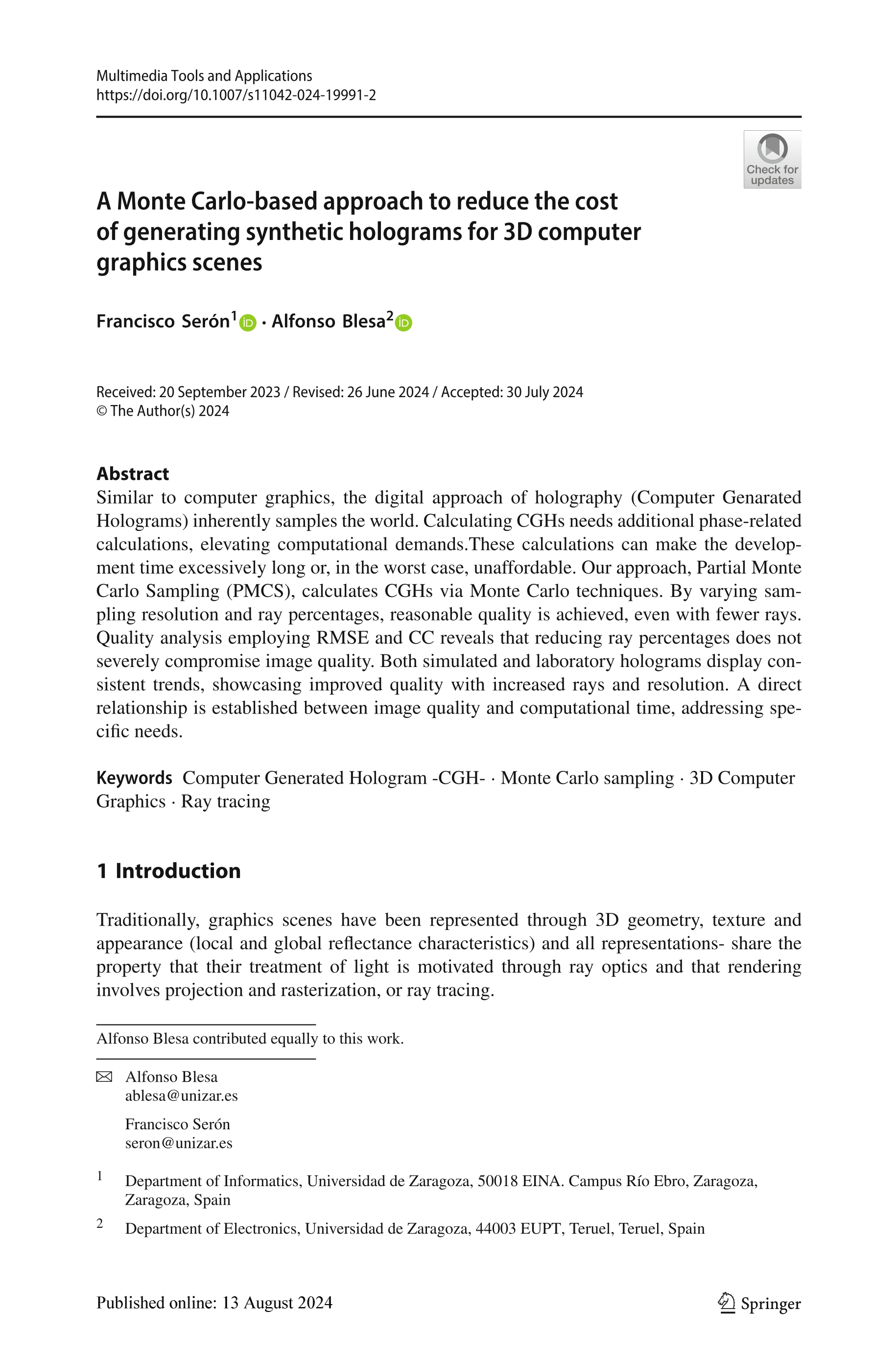 A Monte Carlo-based approach to reduce the cost of generating synthetic holograms for 3D computer graphics scenes