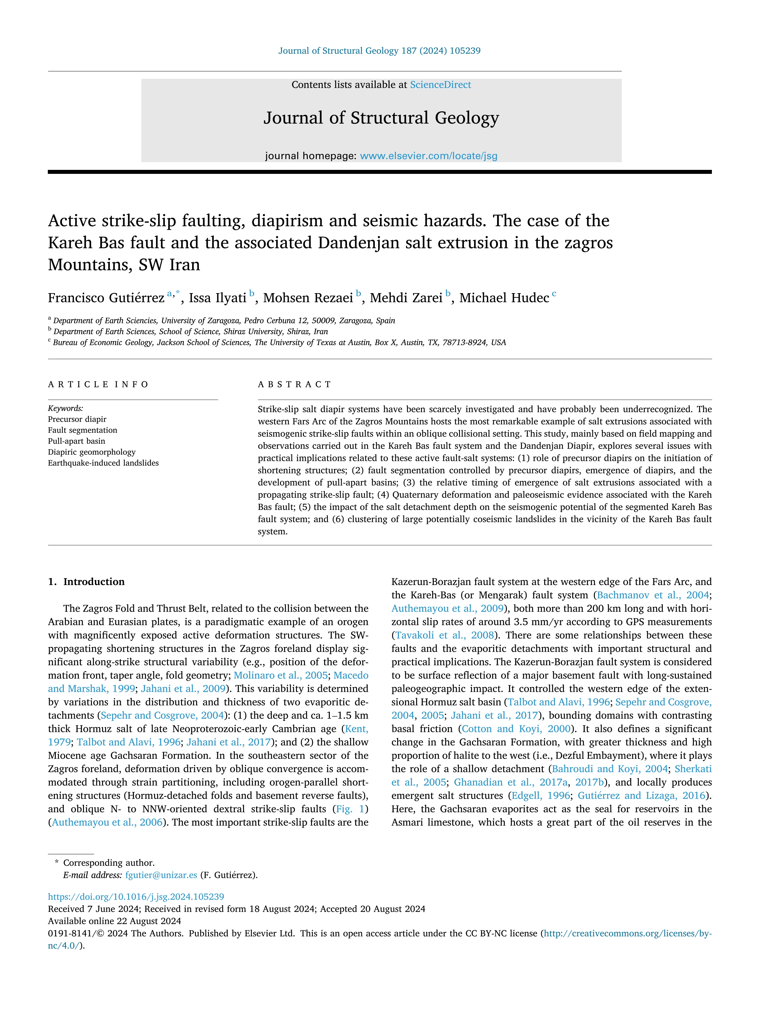 Active strike-slip faulting, diapirism and seismic hazards. The case of the Kareh Bas fault and the associated Dandenjan salt extrusion in the zagros Mountains, SW Iran