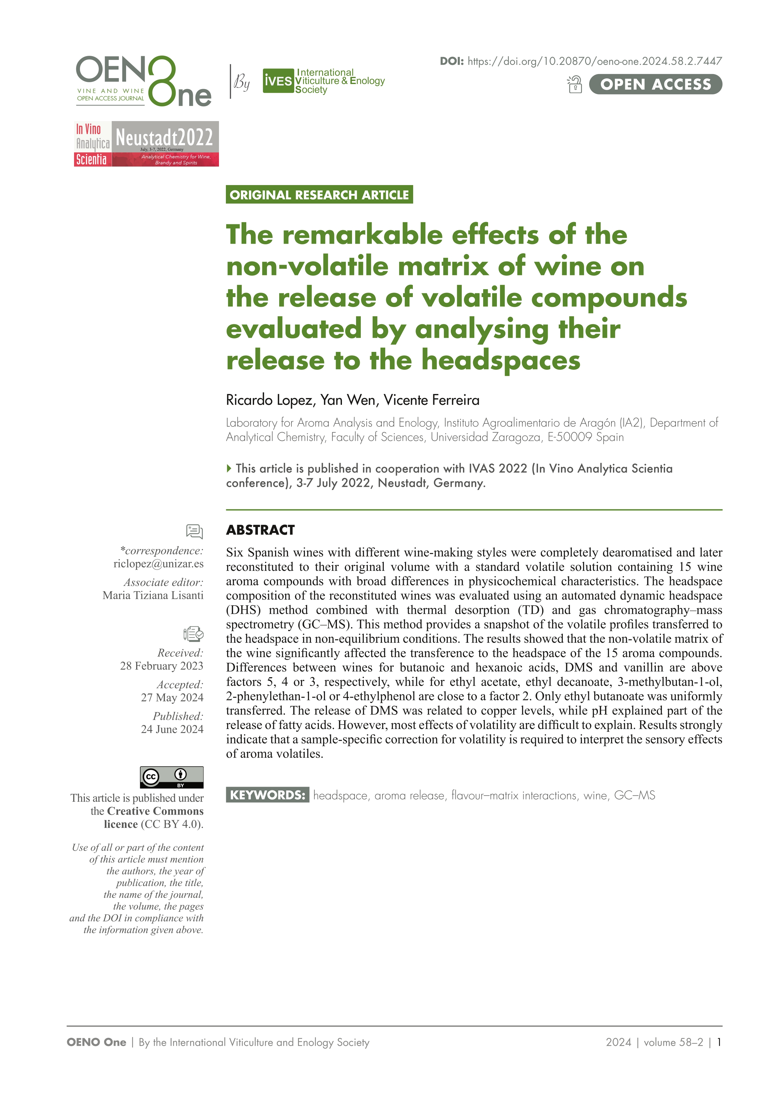 The remarkable effects of the non-volatile matrix of wine on the release of volatile compounds evaluated by analysing their release to the headspaces