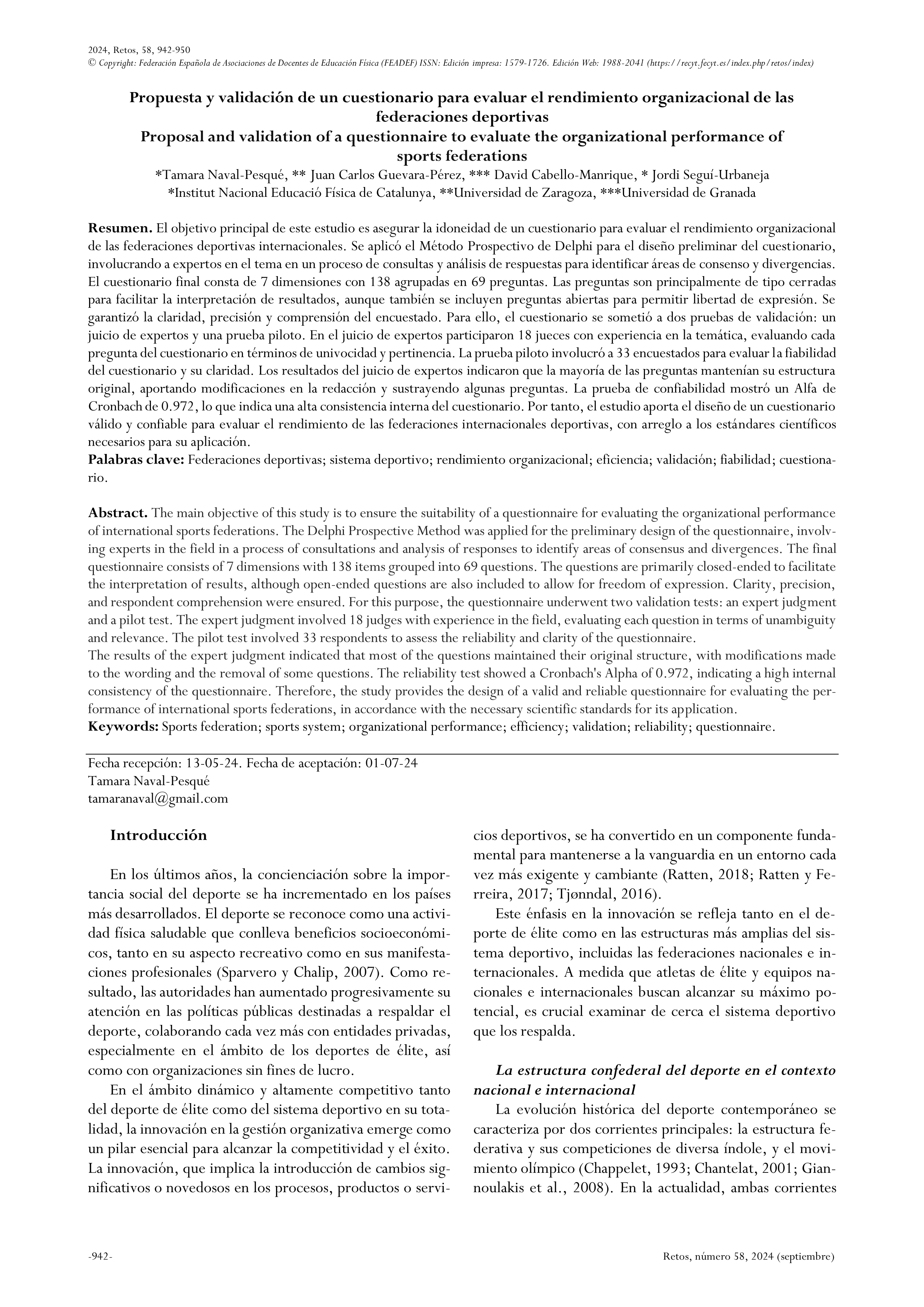 Propuesta y validación de un cuestionario para evaluar el rendimiento organizacional de las federaciones deportivas