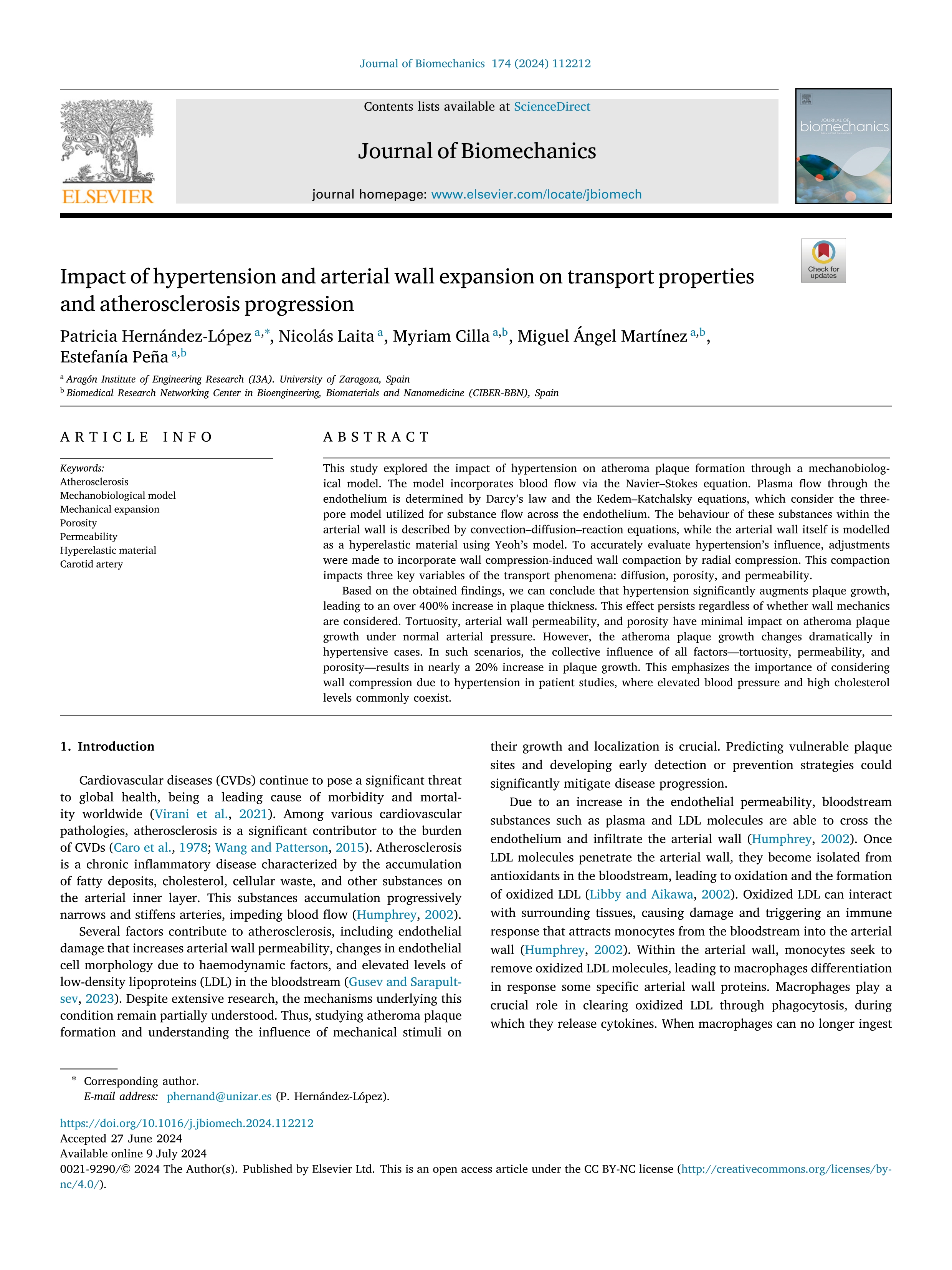 Impact of hypertension and arterial wall expansion on transport properties and atherosclerosis progression