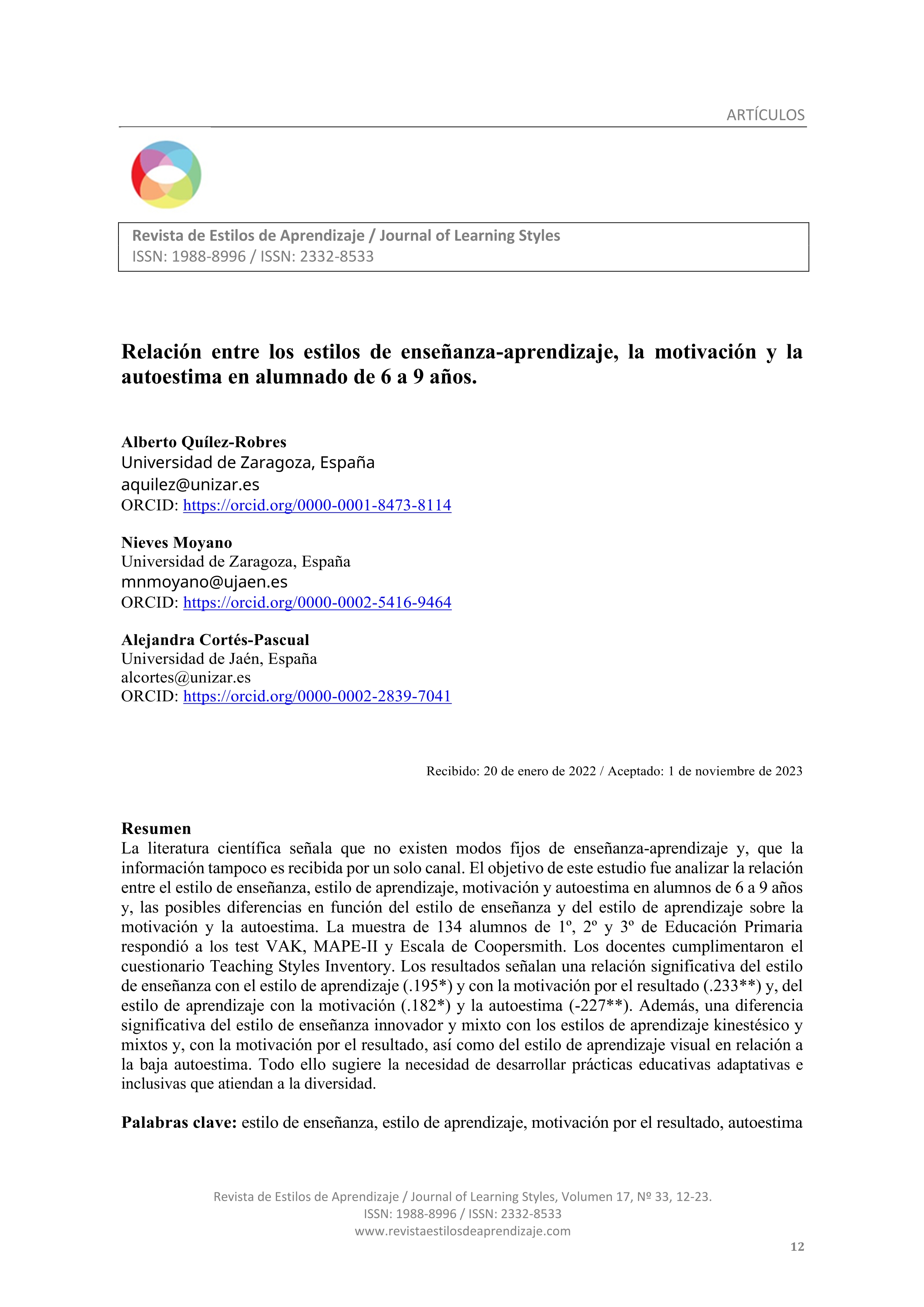 Relación entre los estilos de enseñanza-aprendizaje, la motivación y la autoestima en alumnado de 6 a 9 años.