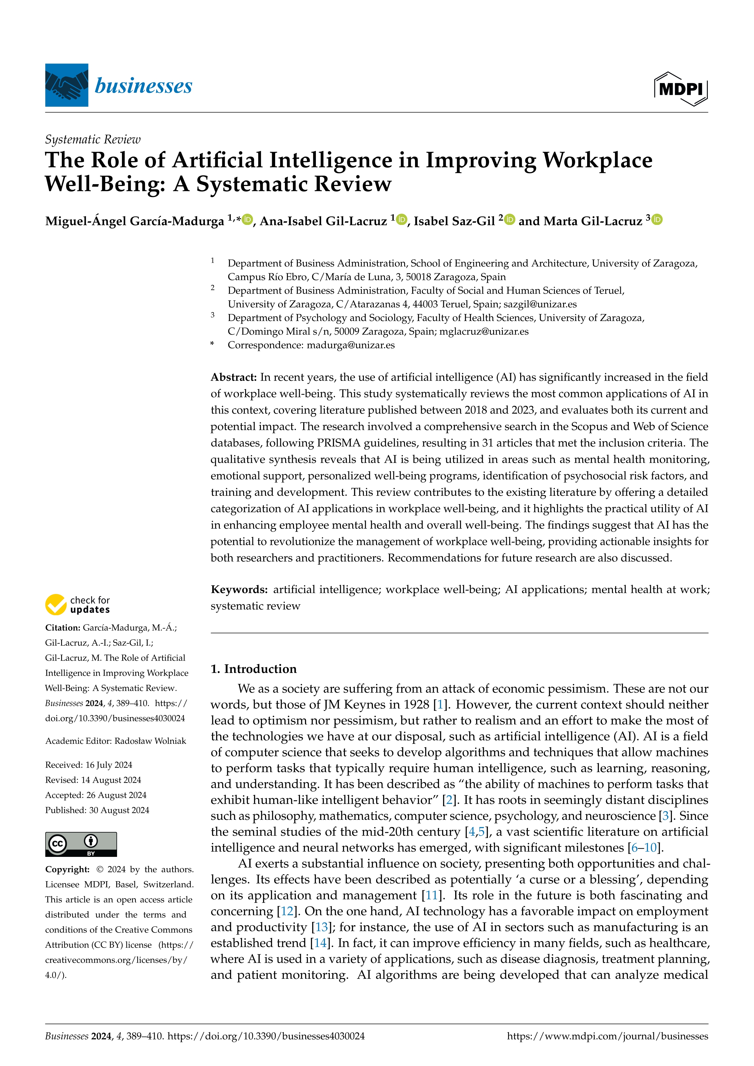 The role of artificial intelligence in improving workplace well-being: a systematic review