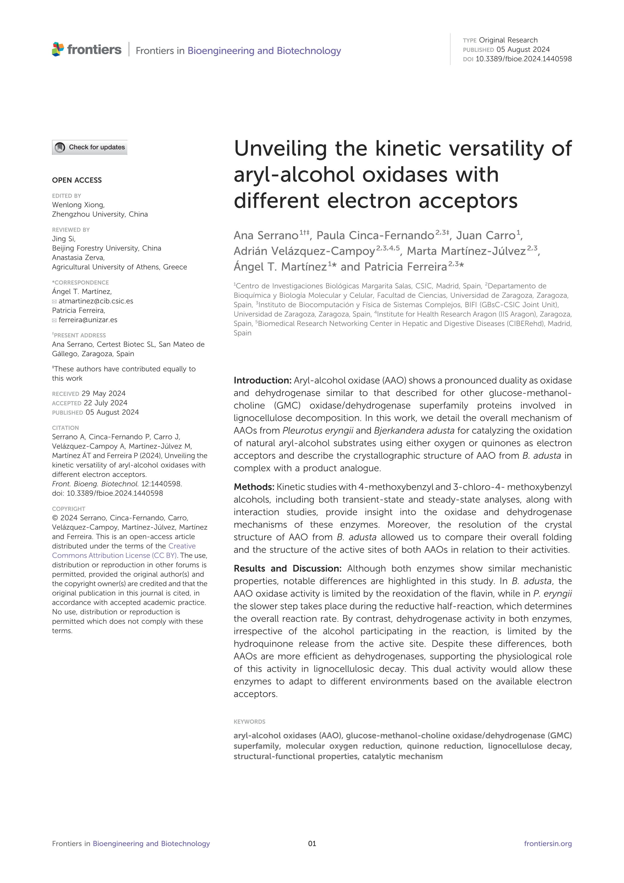 Unveiling the kinetic versatility of aryl-alcohol oxidases with different electron acceptors