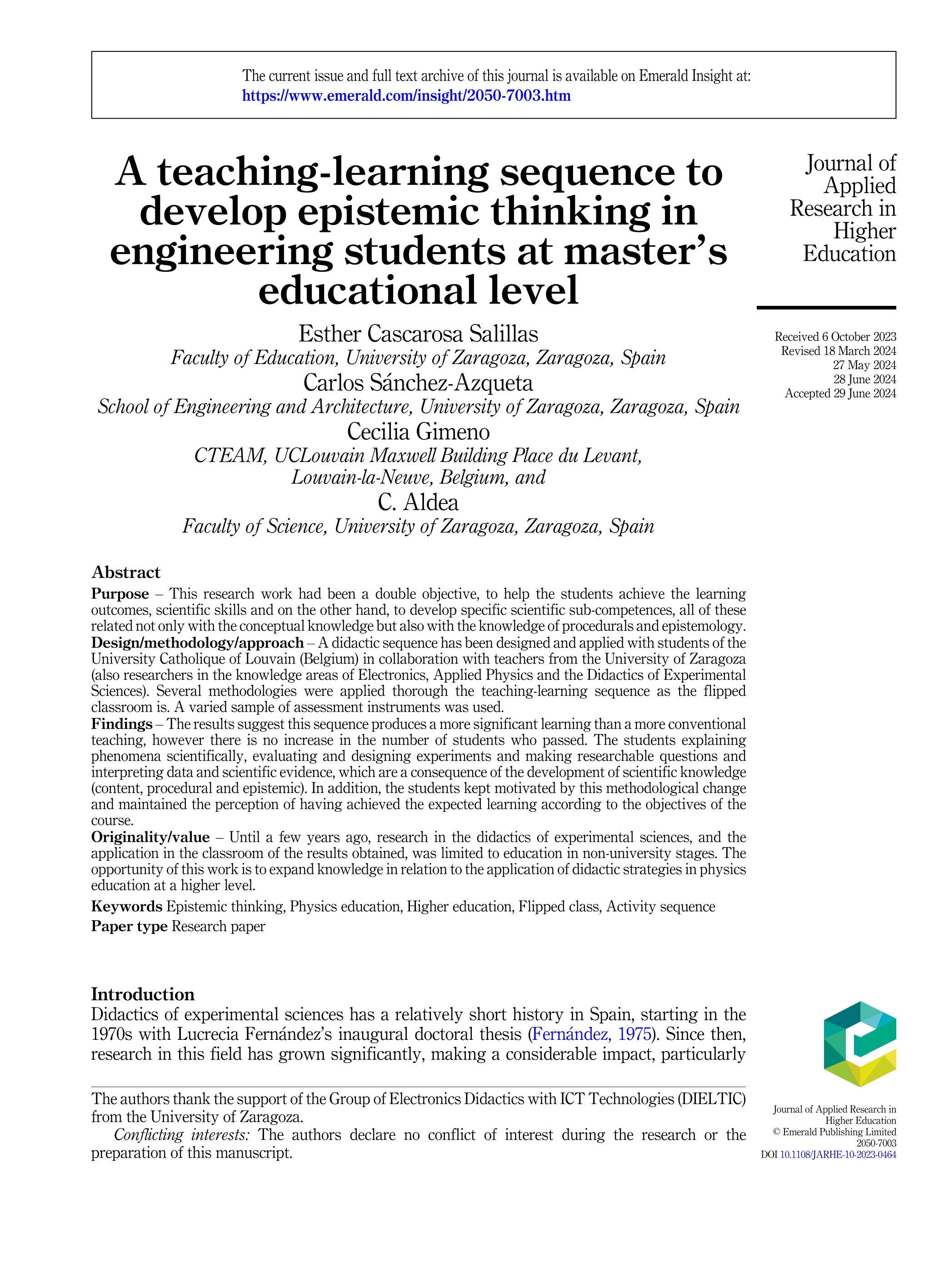 A teaching-learning sequence to develop epistemic thinking in engineering students at master’s educational level