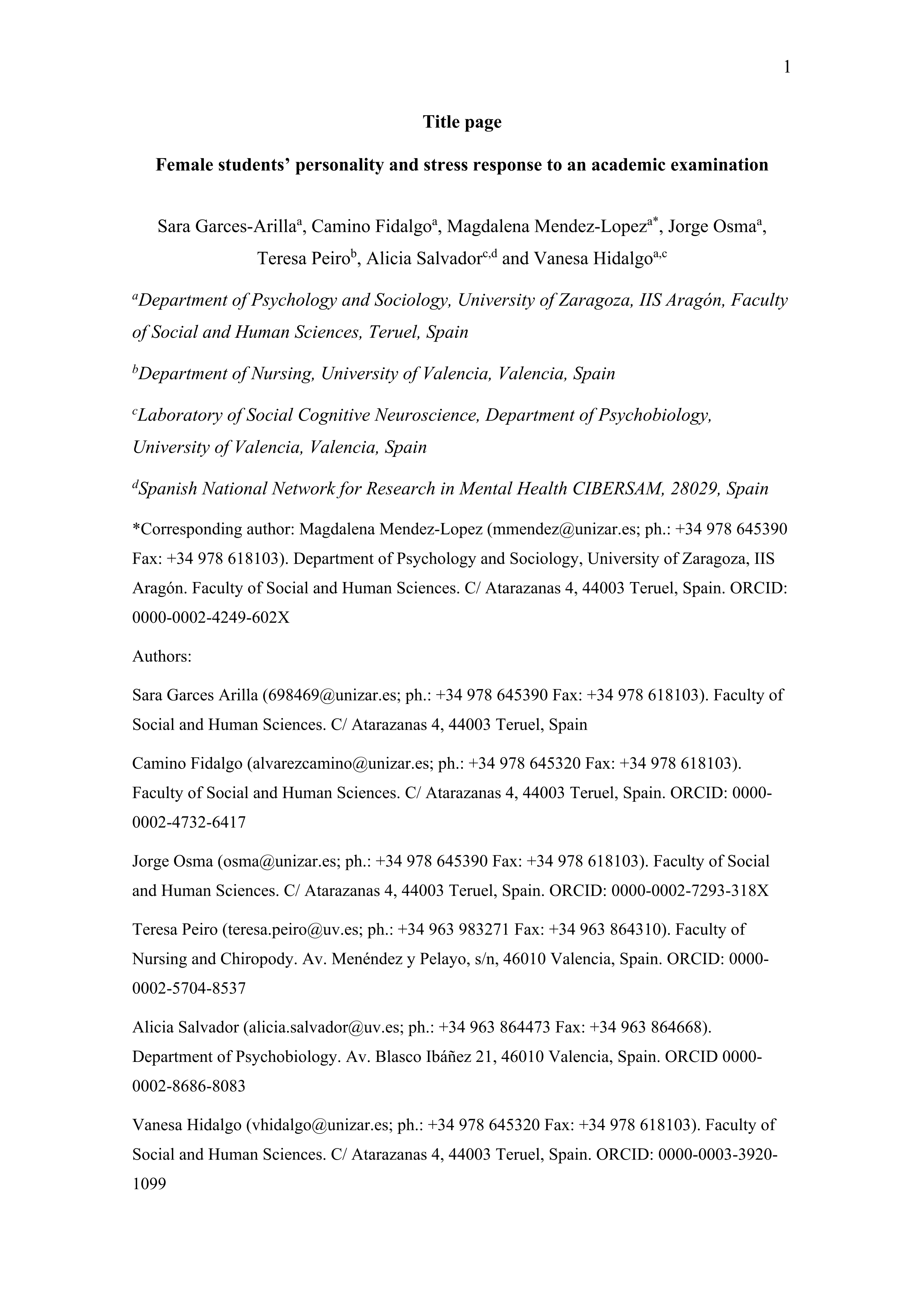 Female students’ personality and stress response to an academic examination