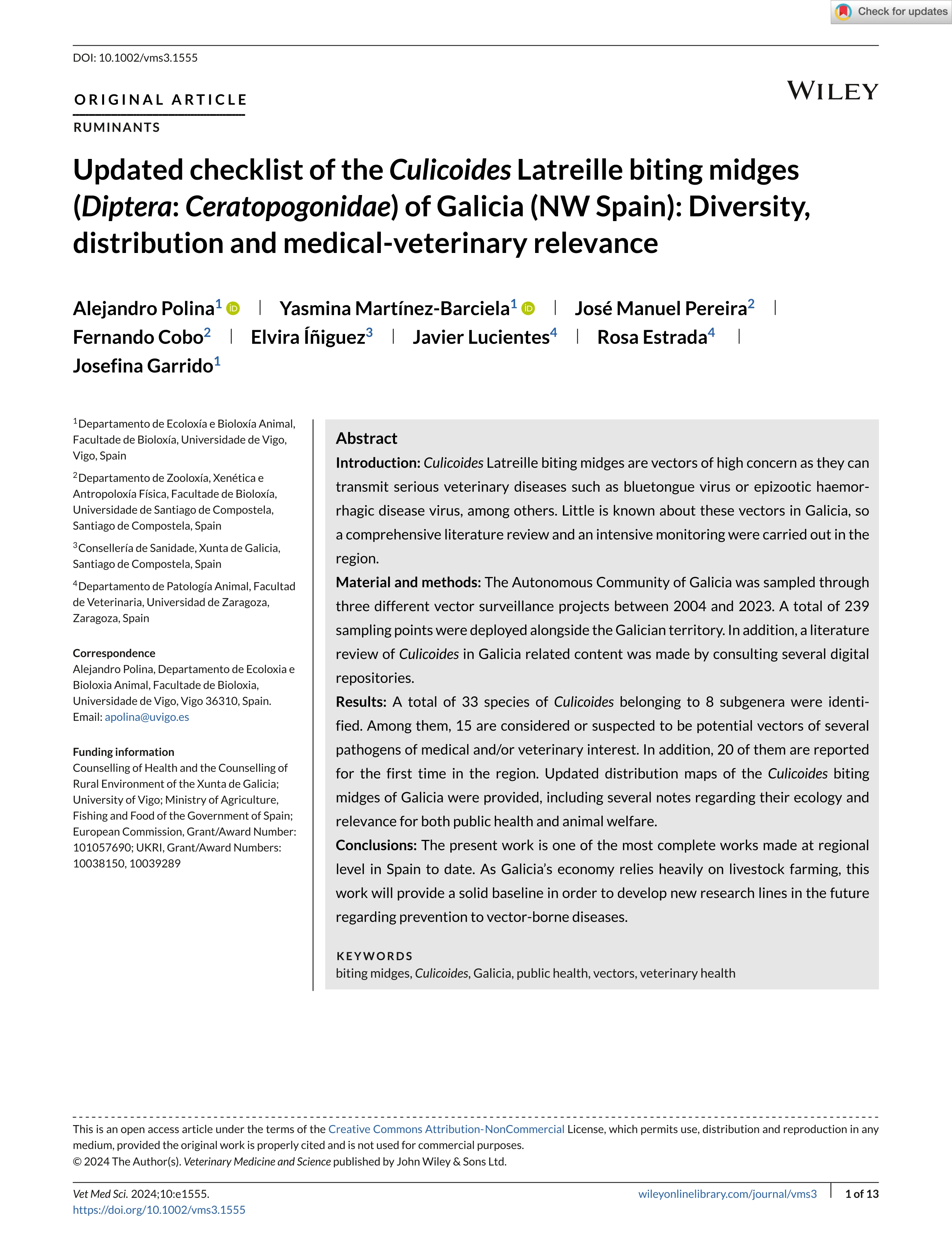 Updated checklist of the Culicoides Latreille biting midges (Diptera: Ceratopogonidae) of Galicia (NW Spain): Diversity, distribution and medical-veterinary relevance