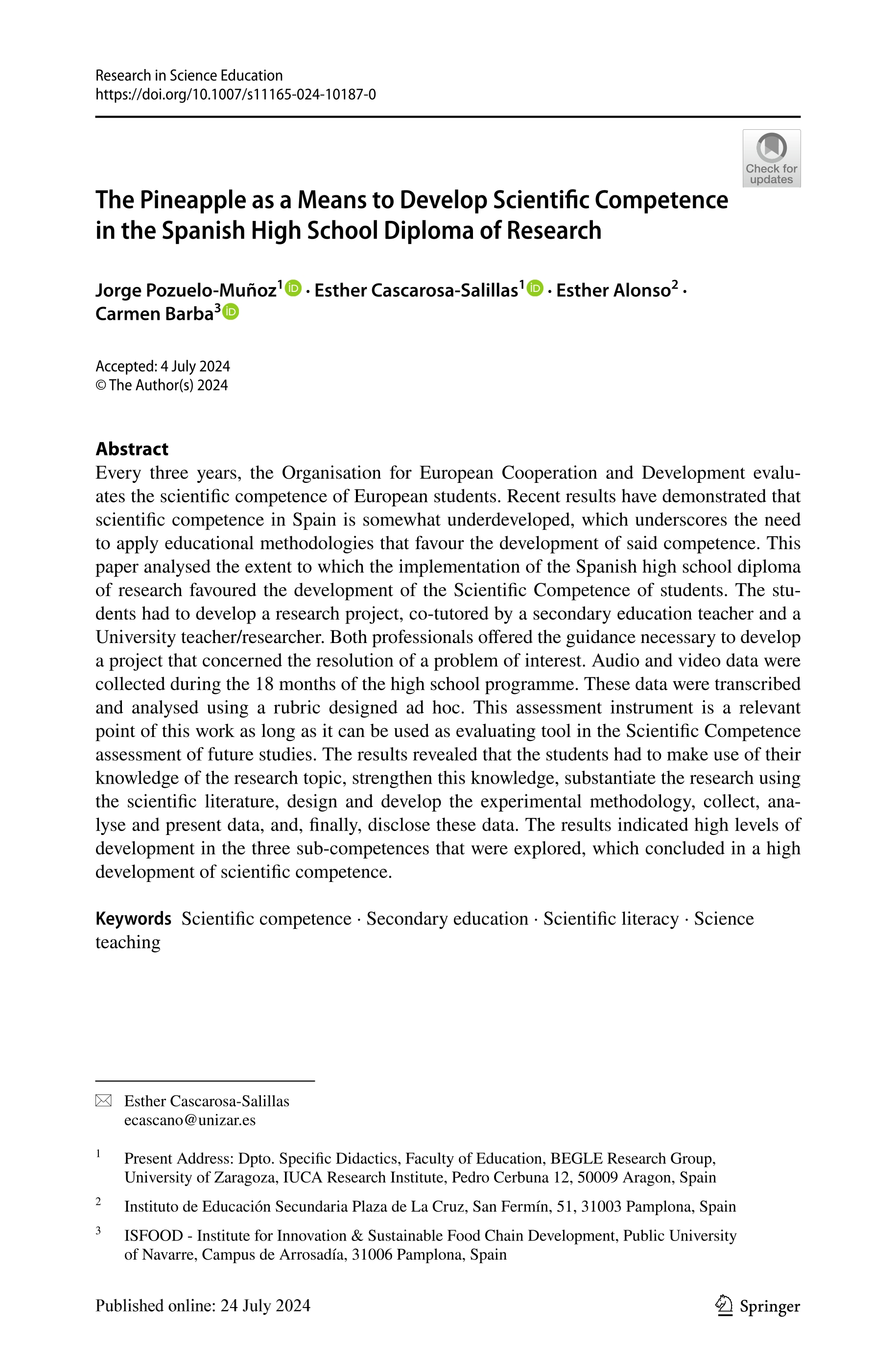 The pineapple as a means to develop scientific competence in the Spanish High School Diploma of Research