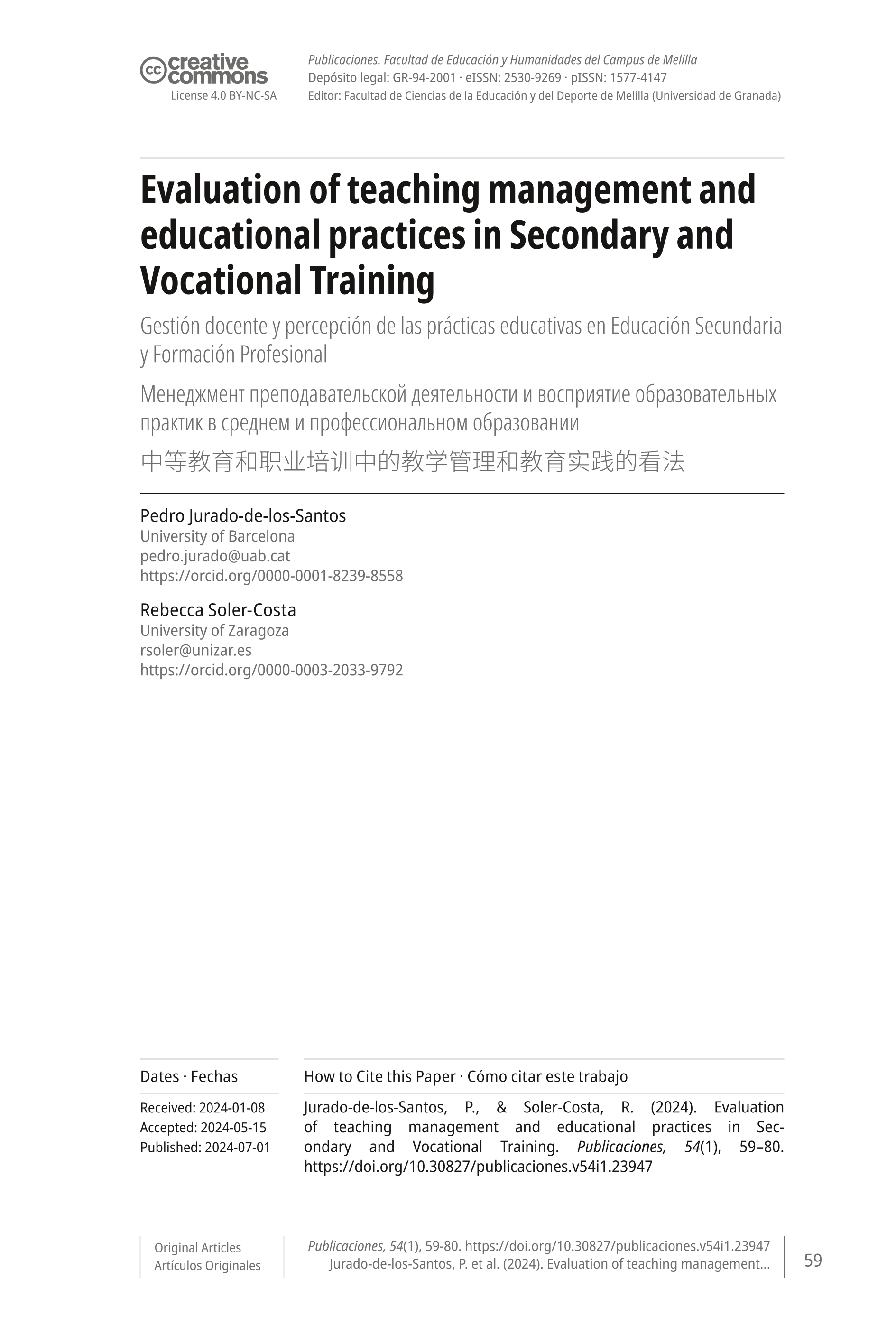 Evaluation of teaching management and educational practices in Secondary and Vocational Training