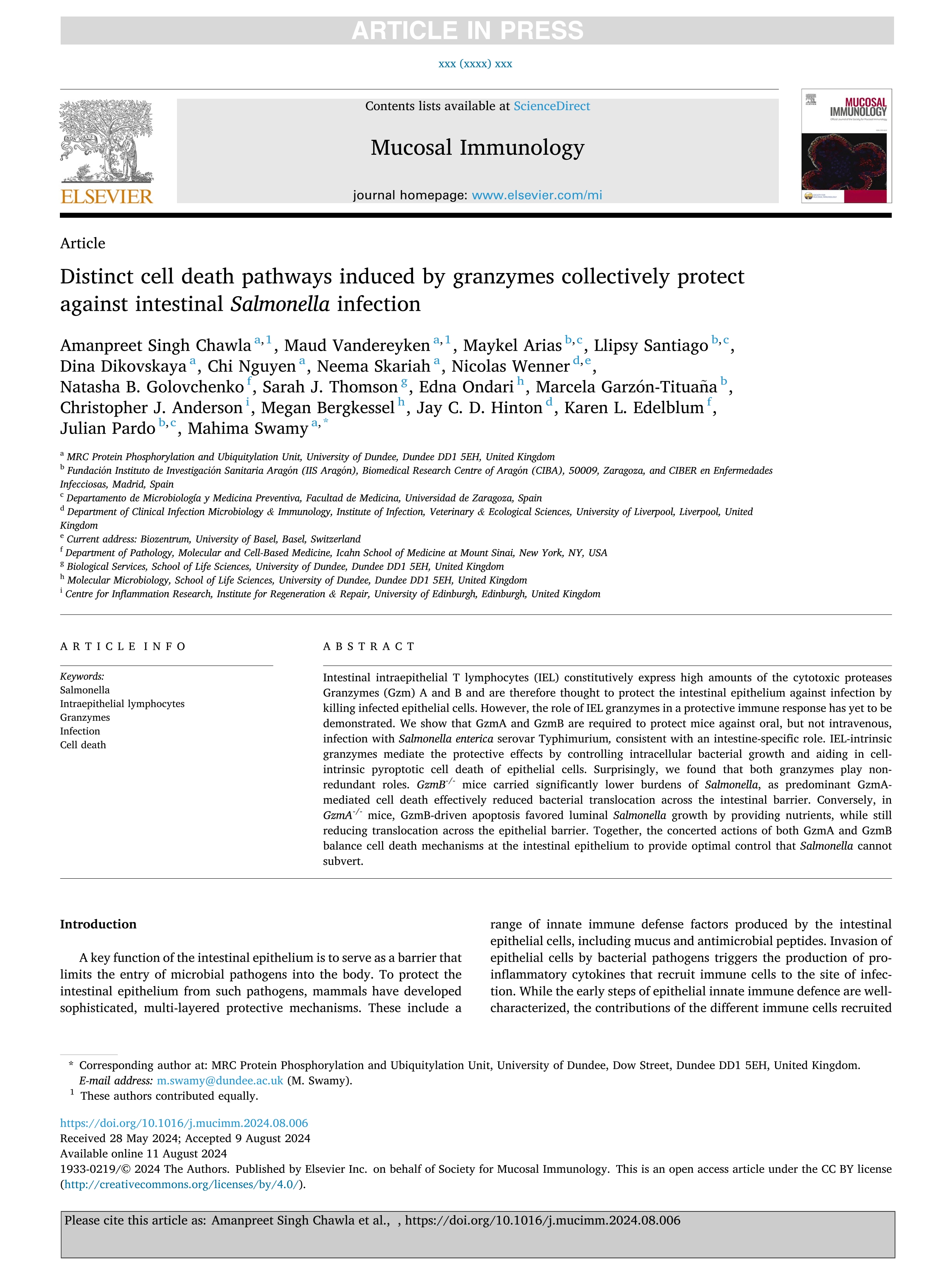 Distinct cell death pathways induced by granzymes collectively protect against intestinal Salmonella infection