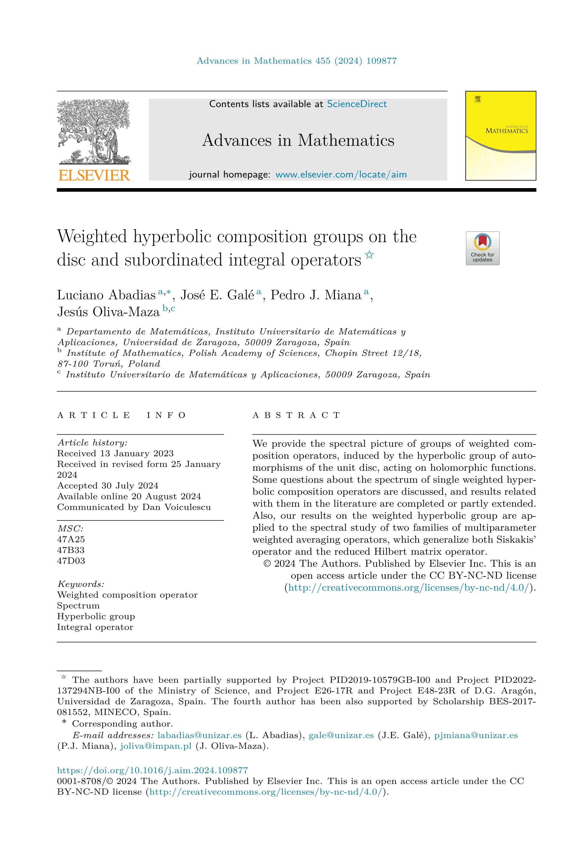 Weighted hyperbolic composition groups on the disc and subordinated integral operators