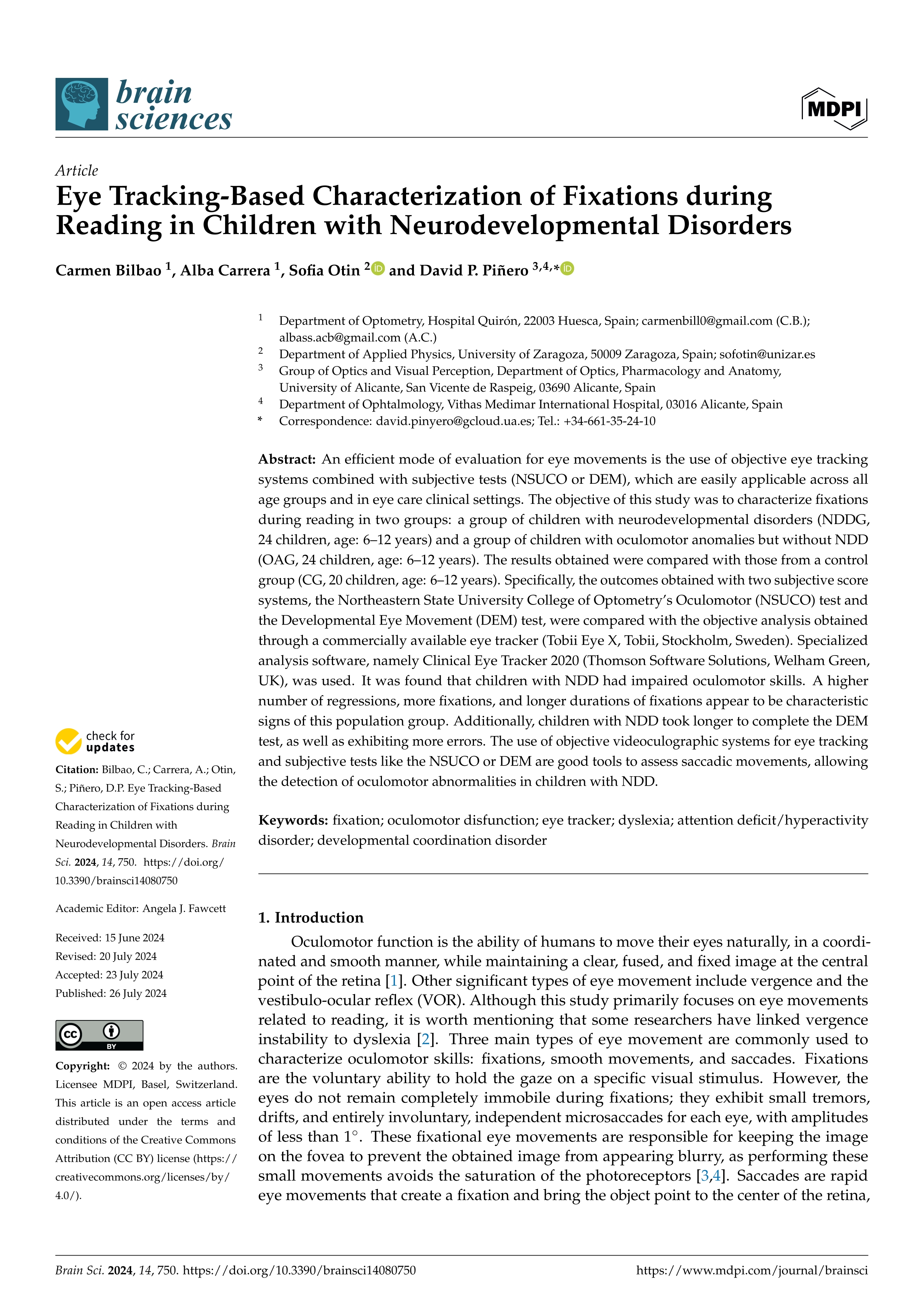 Eye Tracking-Based Characterization of Fixations during Reading in Children with Neurodevelopmental Disorders