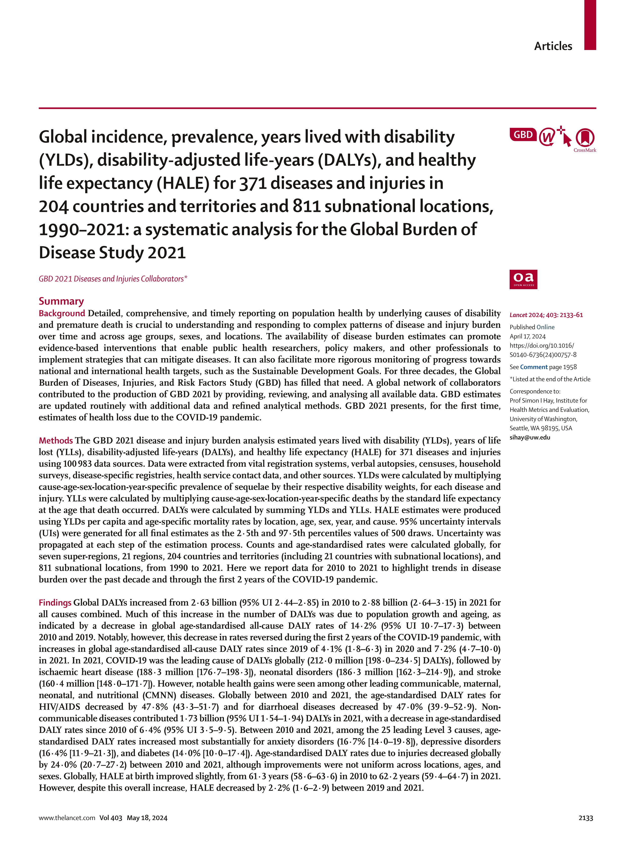 Global incidence, prevalence, years lived with disability (YLDs), disability-adjusted life-years (DALYs), and healthy life expectancy (HALE) for 371 diseases and injuries in 204 countries and territories and 811 subnational locations, 1990–2021: a systematic analysis for the Global Burden of Disease