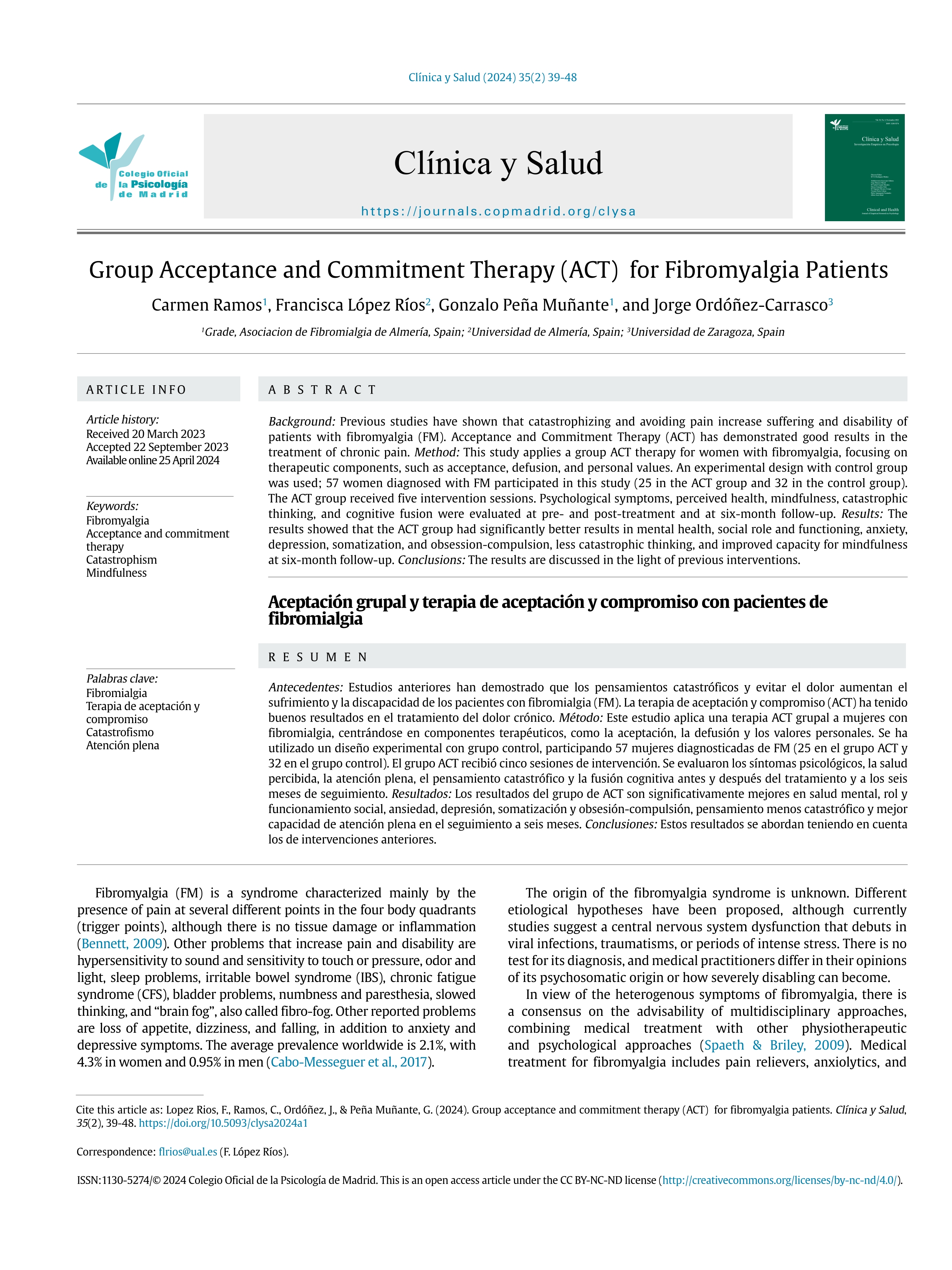 Group Acceptance and Commitment Therapy (ACT) for Fibromyalgia Patients