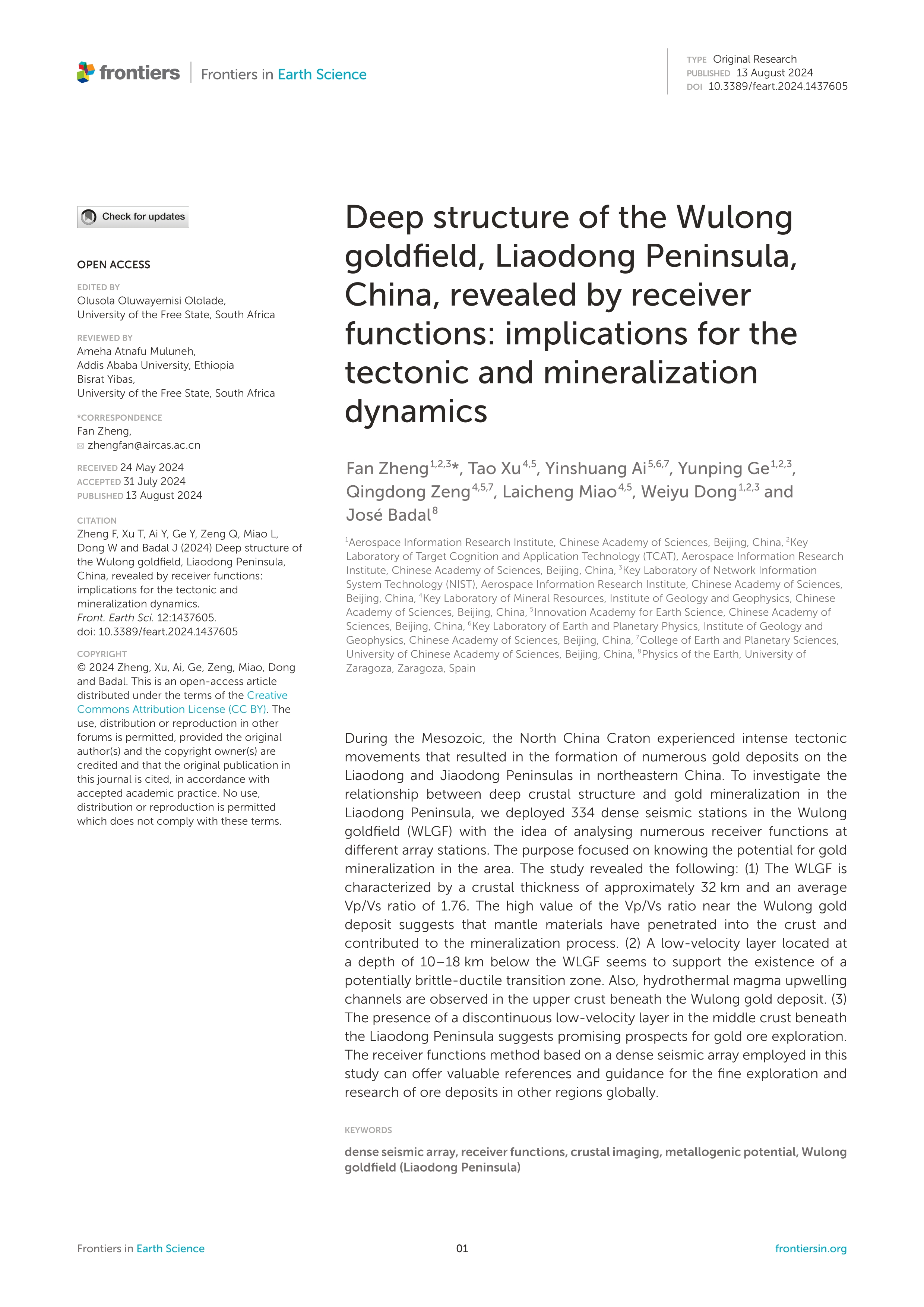 Deep structure of the Wulong goldfield, Liaodong Peninsula, China, revealed by receiver functions: implications for the tectonic and mineralization dynamics
