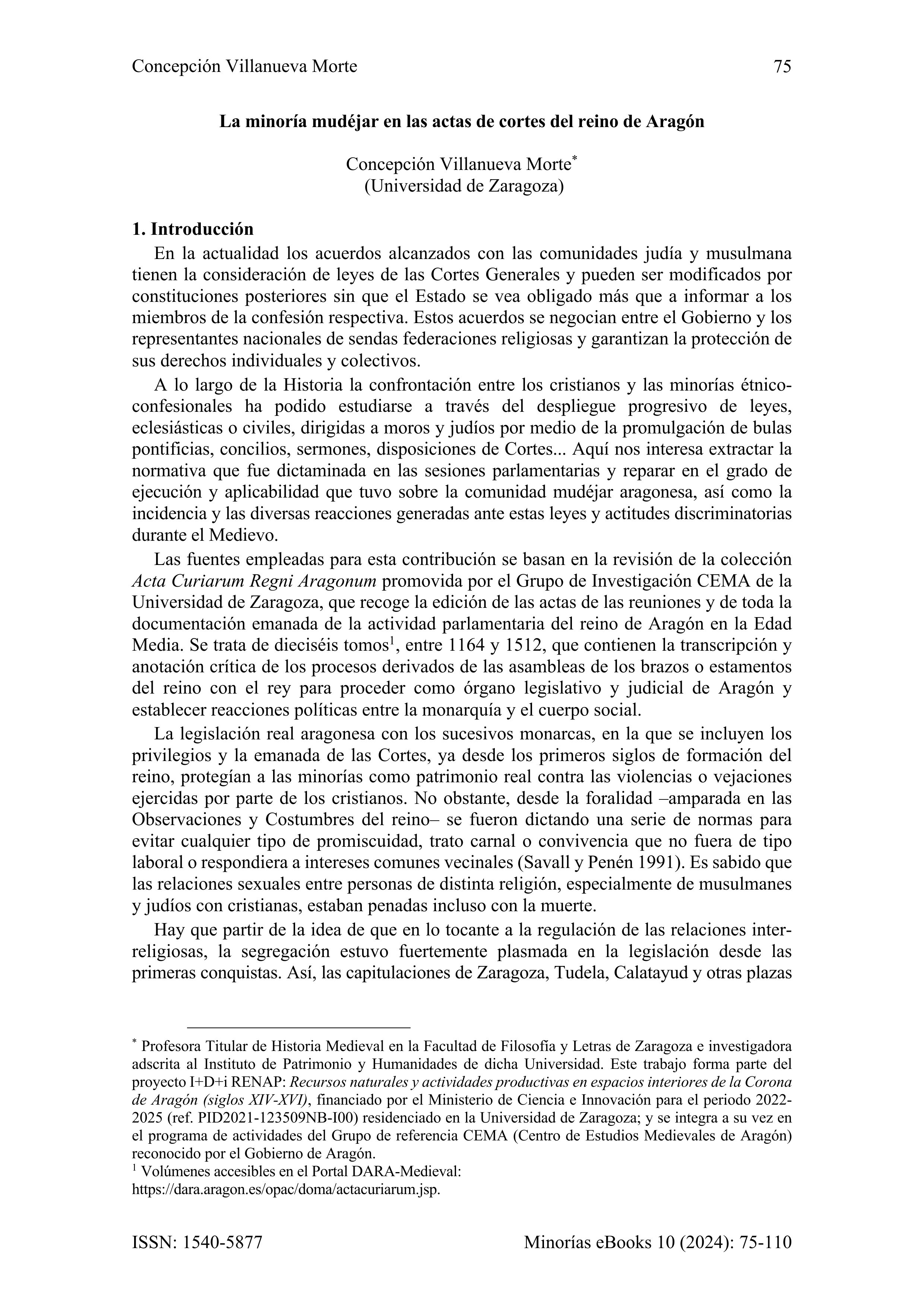 La minoría mudéjar en las actas de Cortes del reino de Aragón