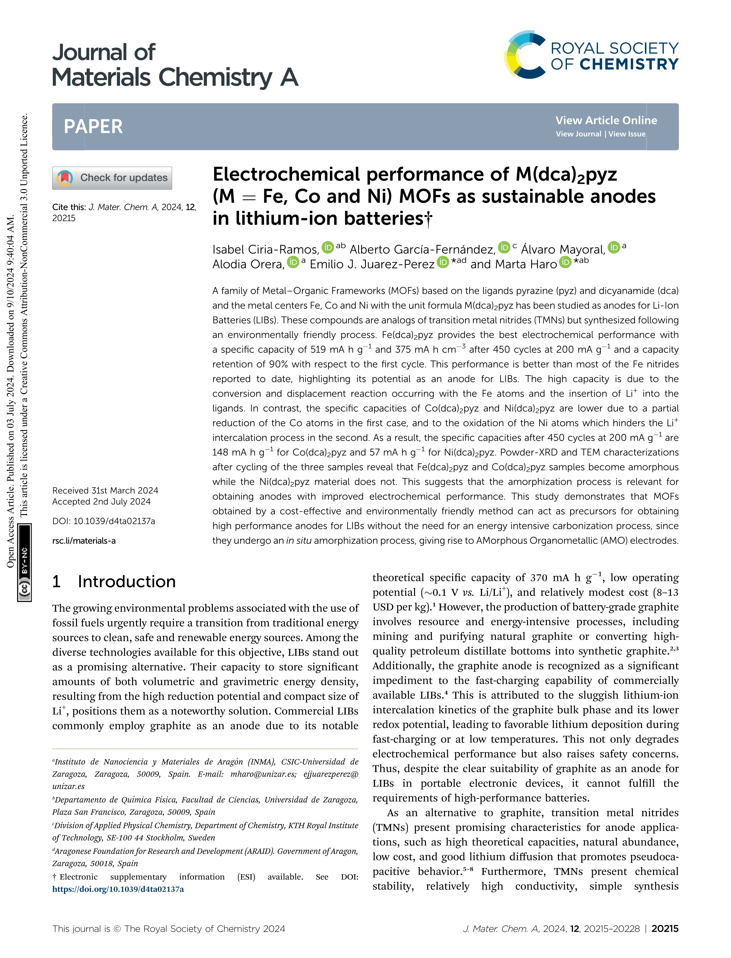 Electrochemical performance of M(dca)2pyz (M = Fe, Co and Ni) MOFs as sustainable anodes in lithium-ion batteries