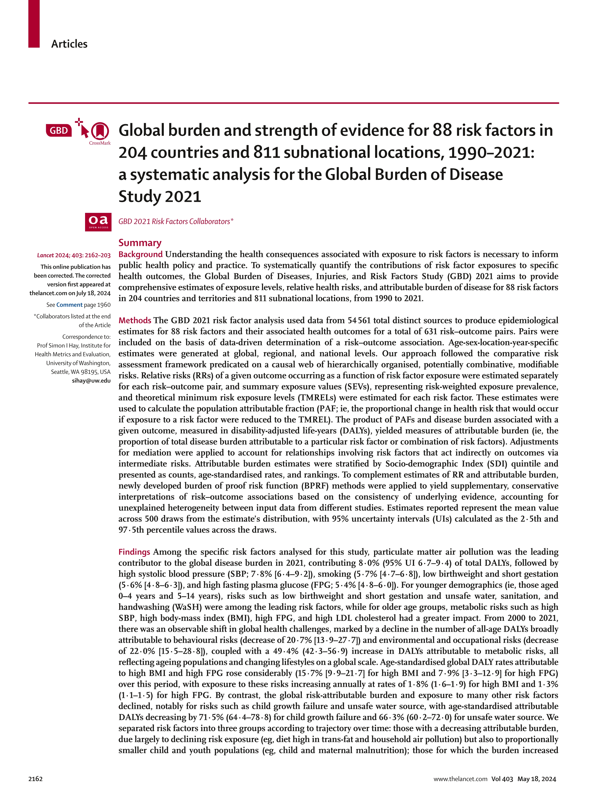 Global burden and strength of evidence for 88 risk factors in 204 countries and 811 subnational locations, 1990-2021: a systematic analysis for the Global Burden of Disease Study 2021