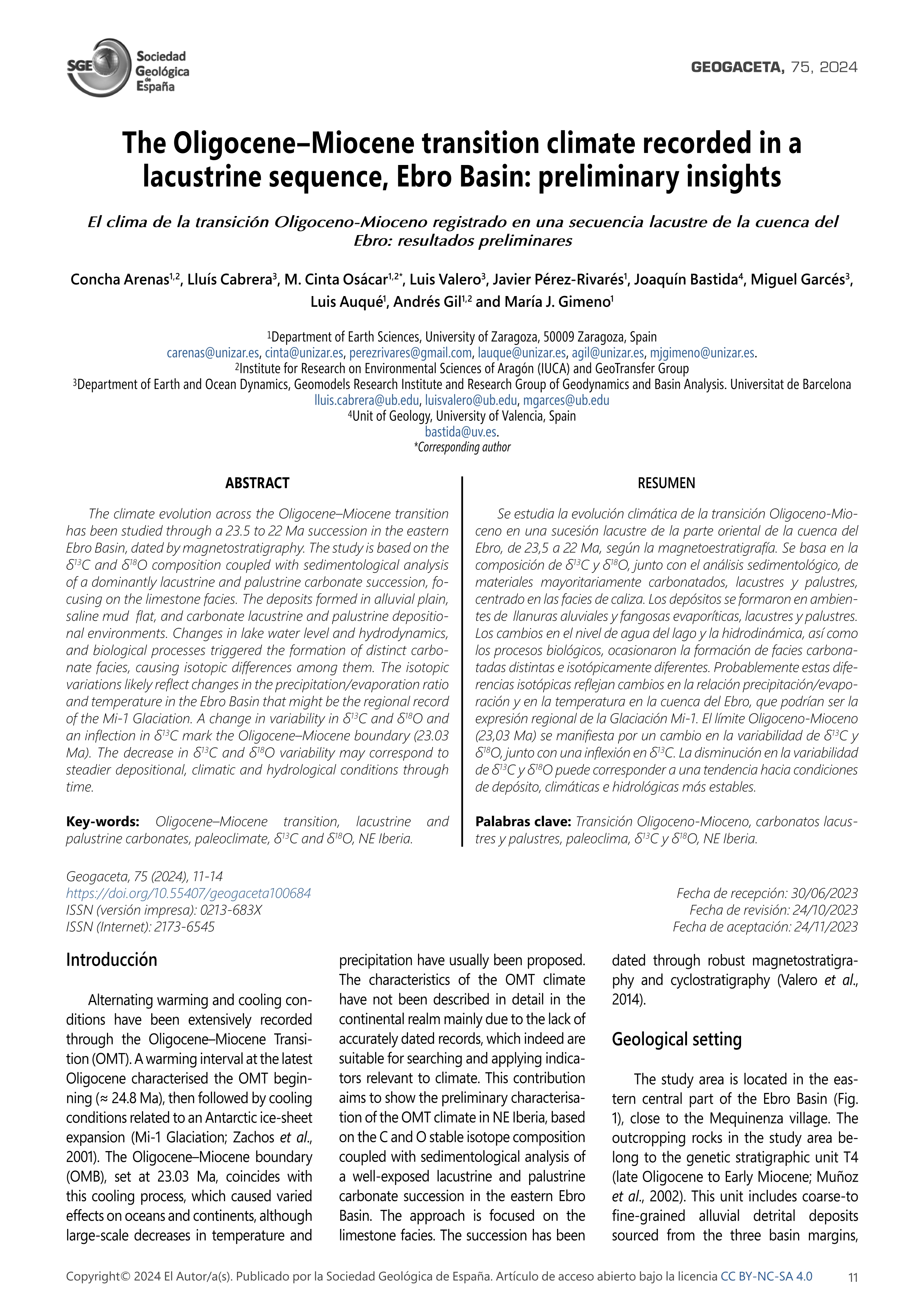 The Oligocene–Miocene transition climate recorded in a lacustrine sequence, Ebro Basin: preliminary insights