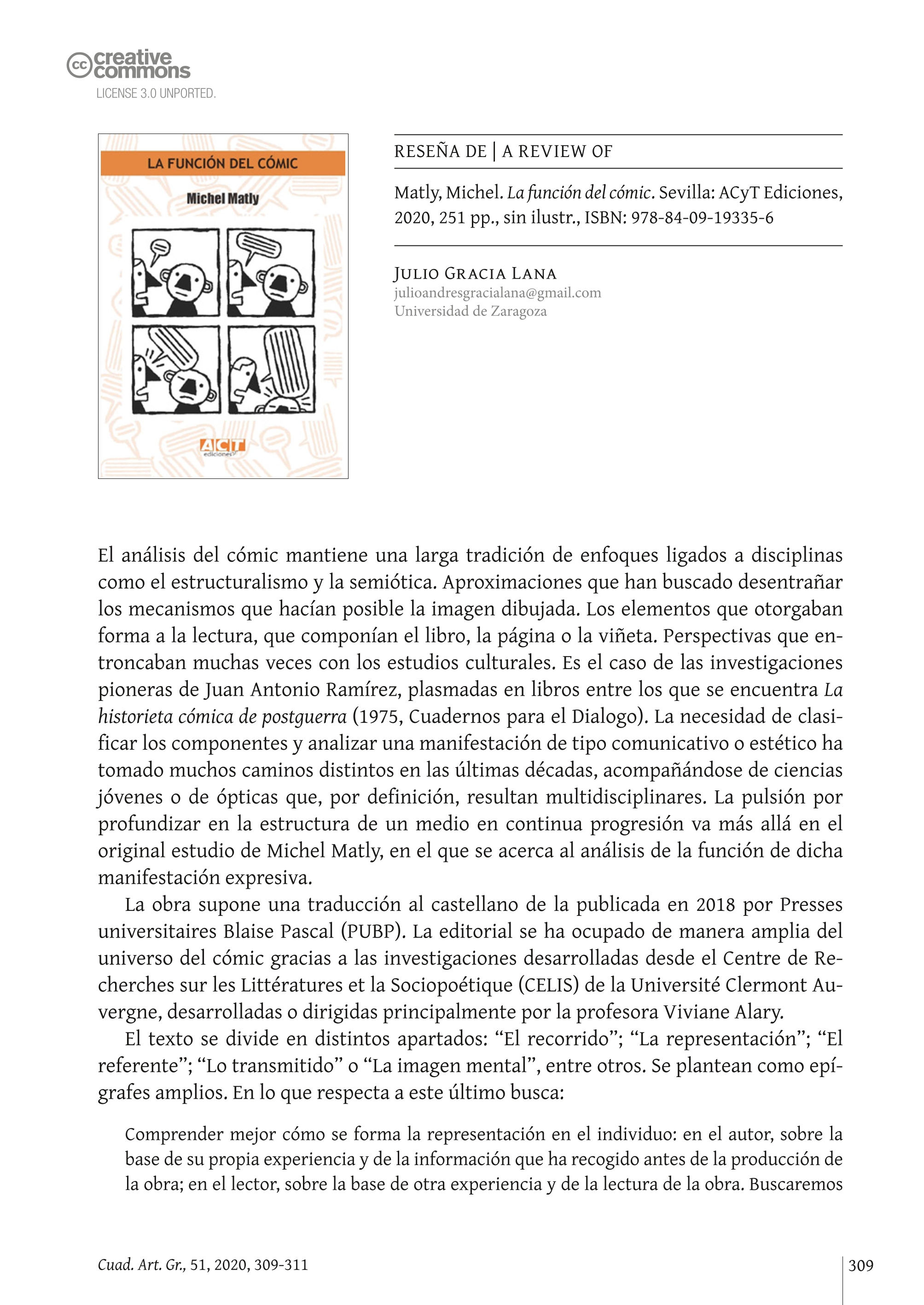 Reseña de: Matly, Michel. La función del cómic. Sevilla: ACyT Ediciones, 2020