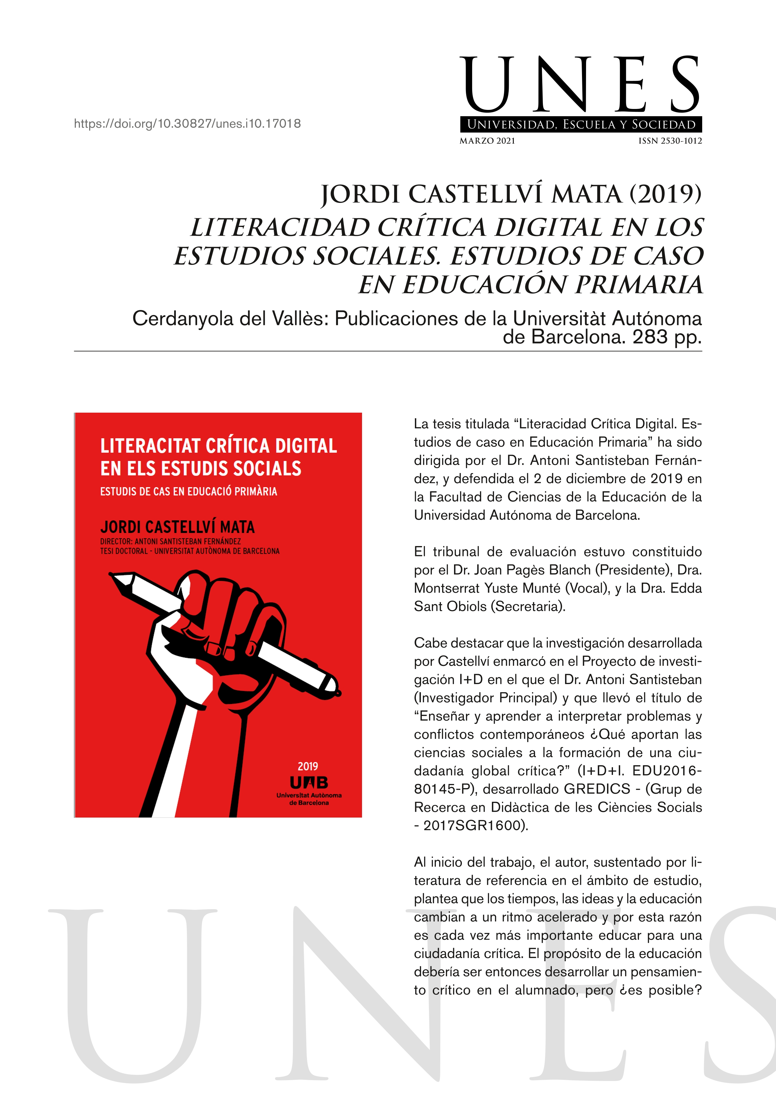 Jordi Castellví Mata (2019). Literacidad crítica digital en los estudios sociales. Estudios de caso en educación primaria