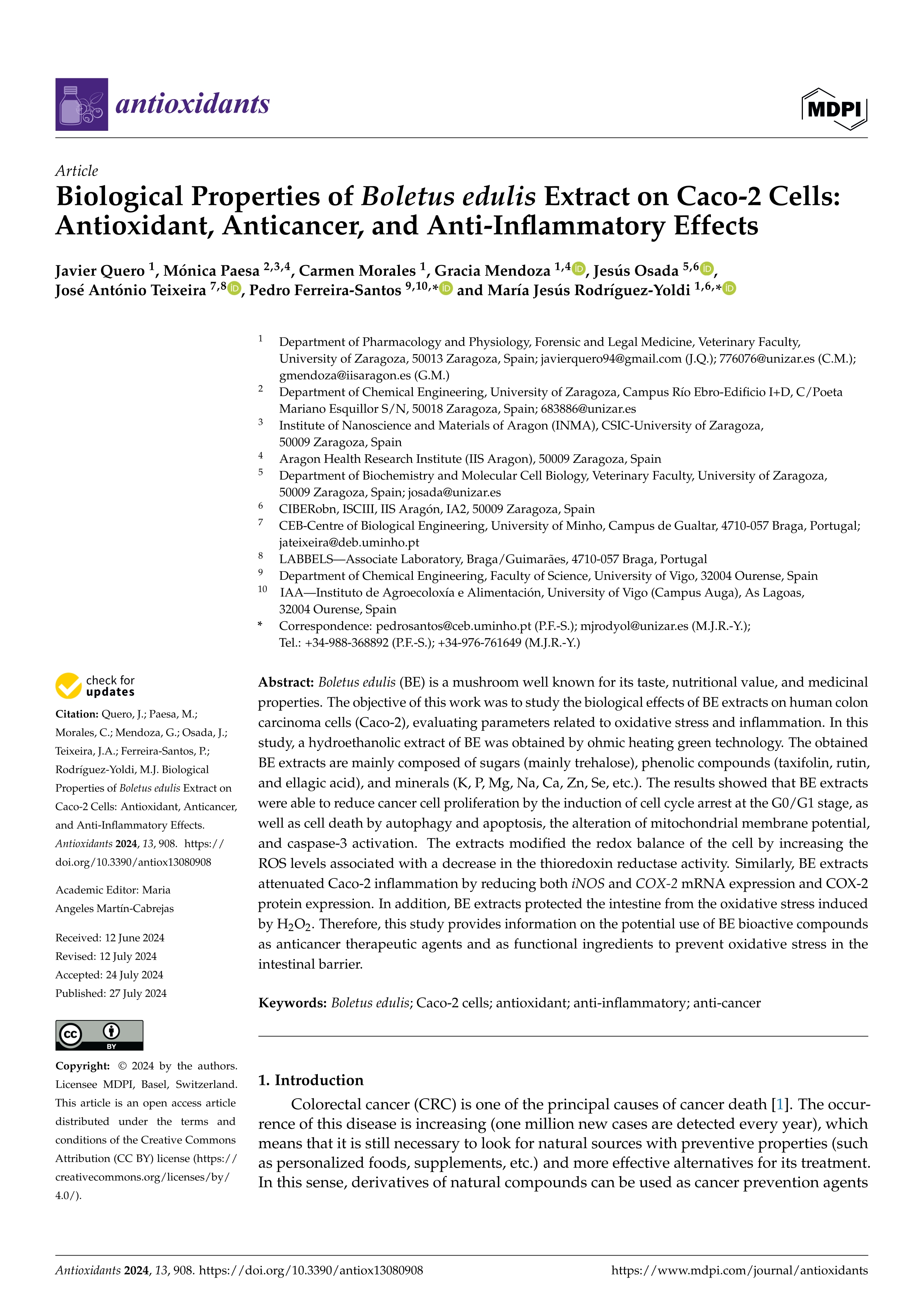 Biological Properties of Boletus edulis Extract on Caco-2 Cells: Antioxidant, Anticancer, and Anti-Inflammatory Effects