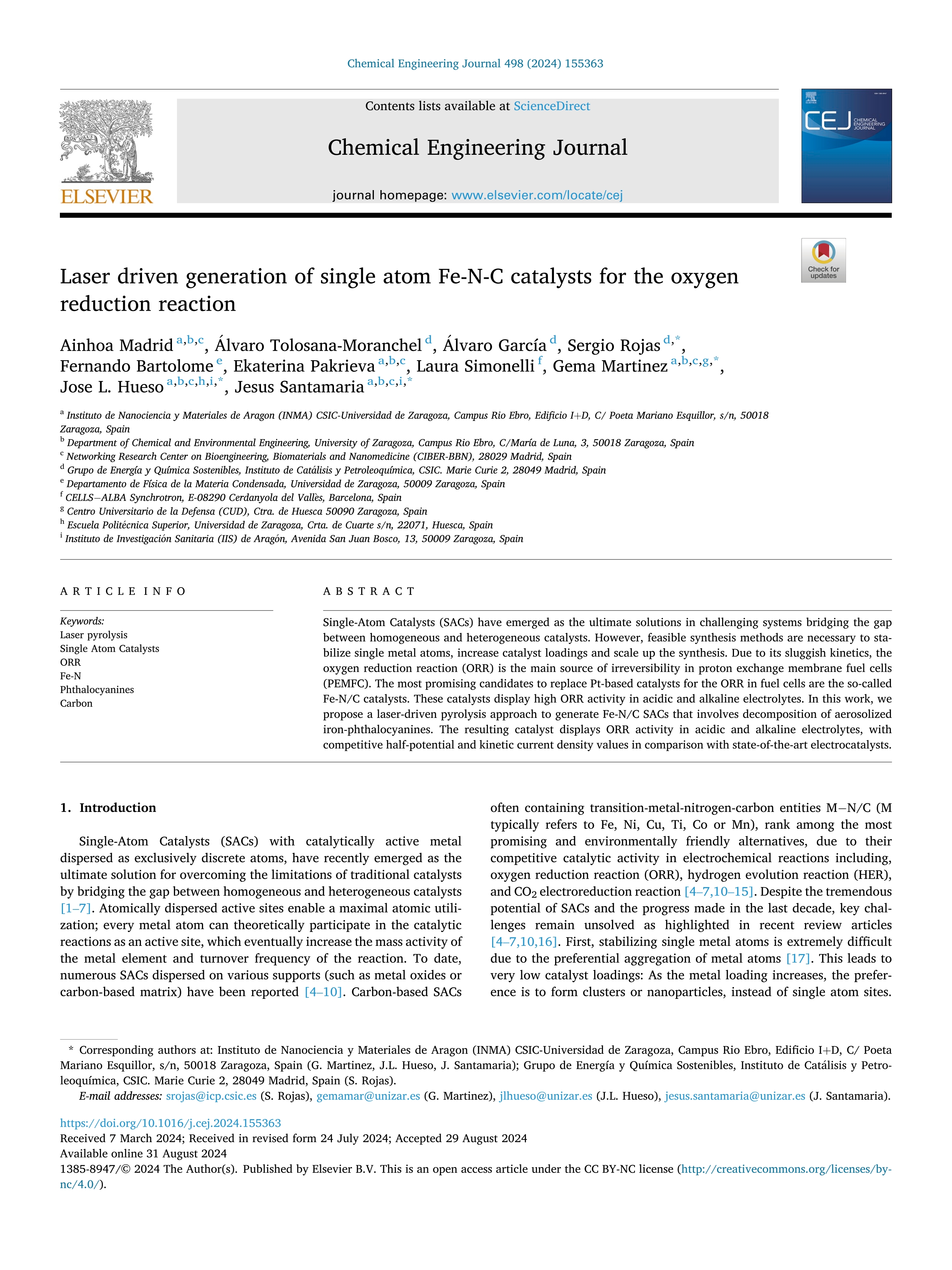 Laser driven generation of single atom Fe-N-C catalysts for the oxygen reduction reaction