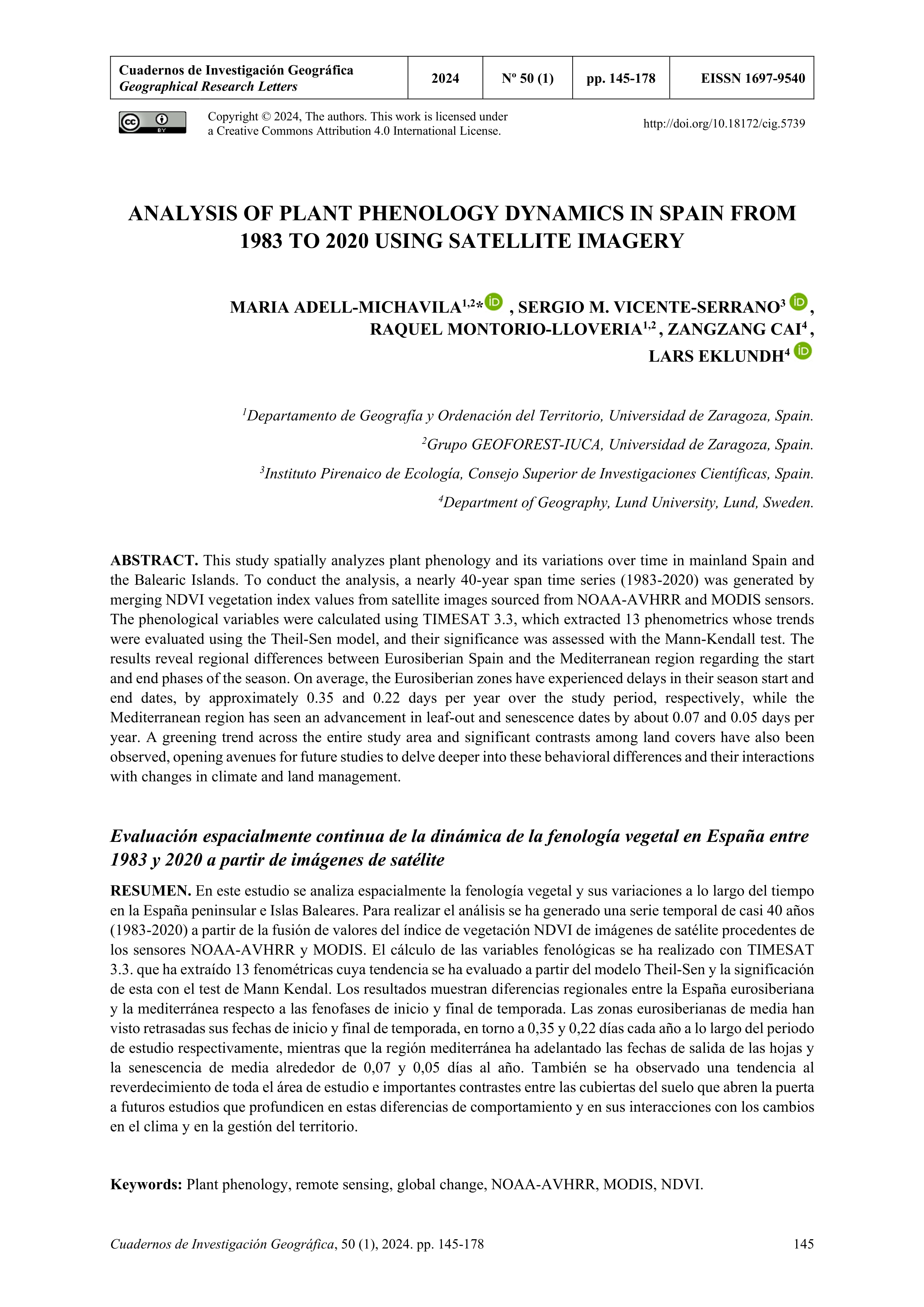 Analysis of plant phenology dynamics in Spain from 1983 to 2020 using satellite imagery