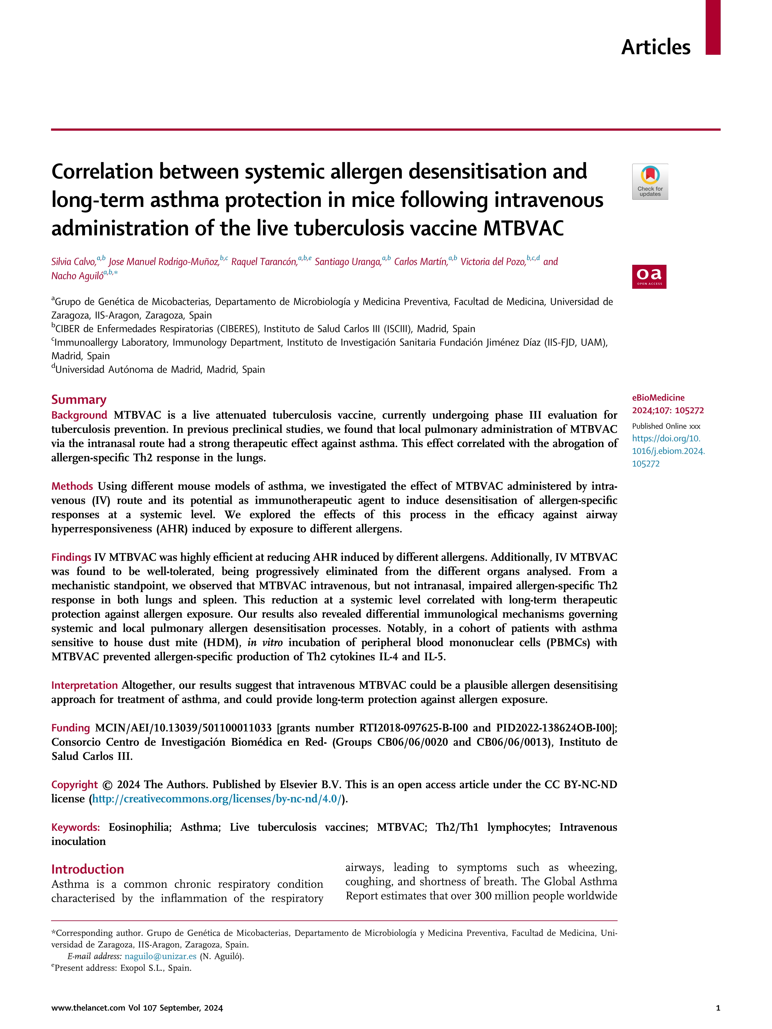 Correlation between systemic allergen desensitisation and long-term asthma protection in mice following intravenous administration of the live tuberculosis vaccine MTBVAC