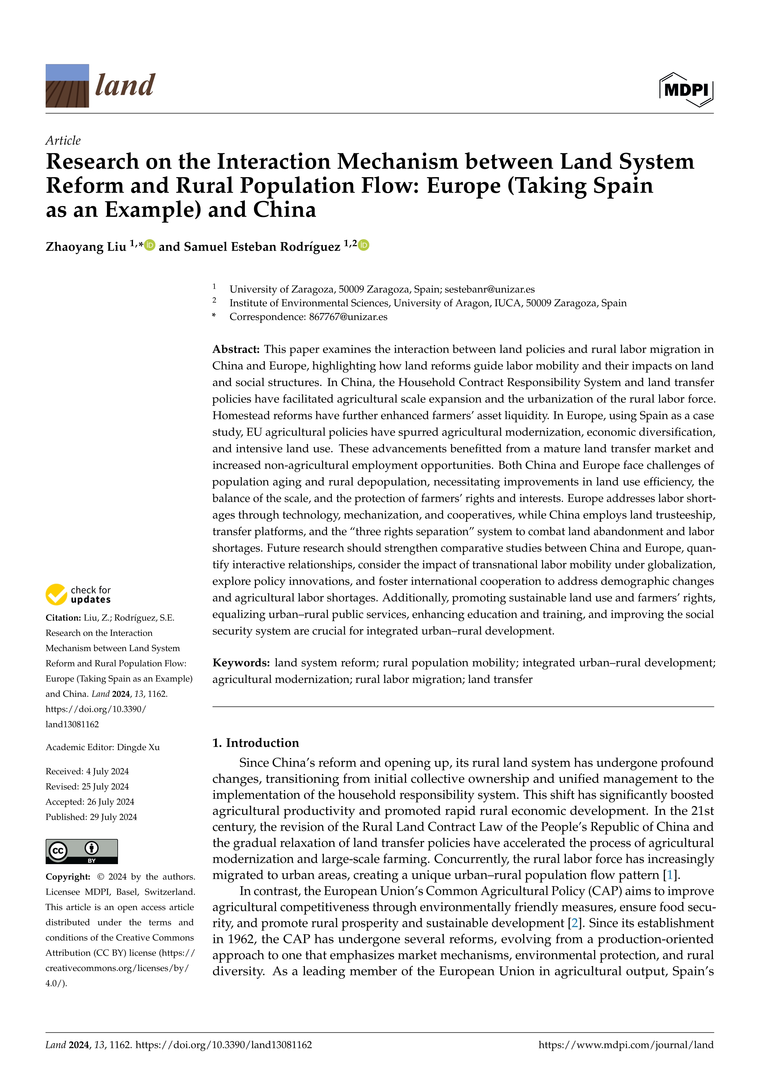 Research on the Interaction Mechanism between Land System Reform and Rural Population Flow: Europe (Taking Spain as an Example) and China