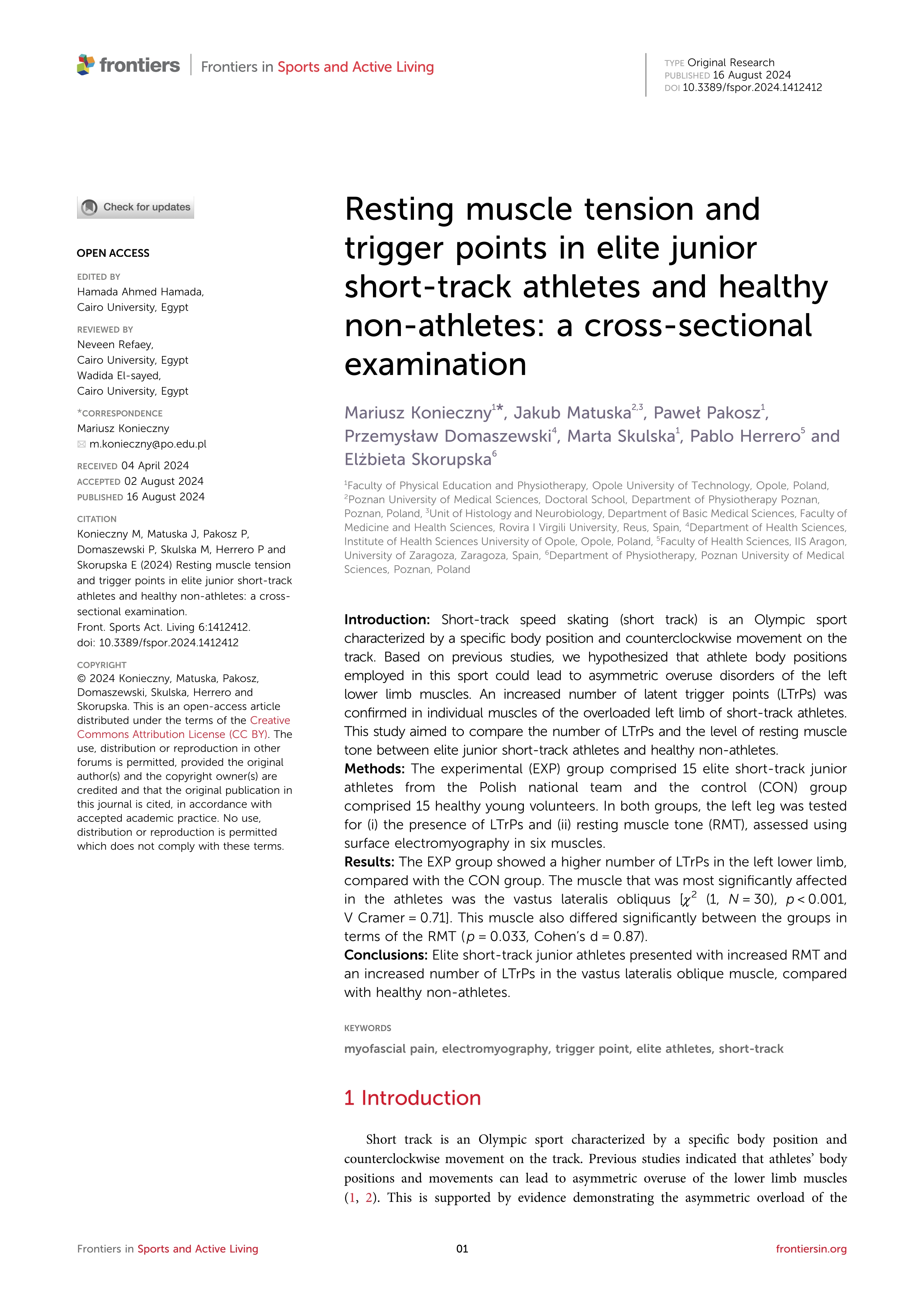 Resting muscle tension and trigger points in elite junior short-track athletes and healthy non-athletes: a cross-sectional examination