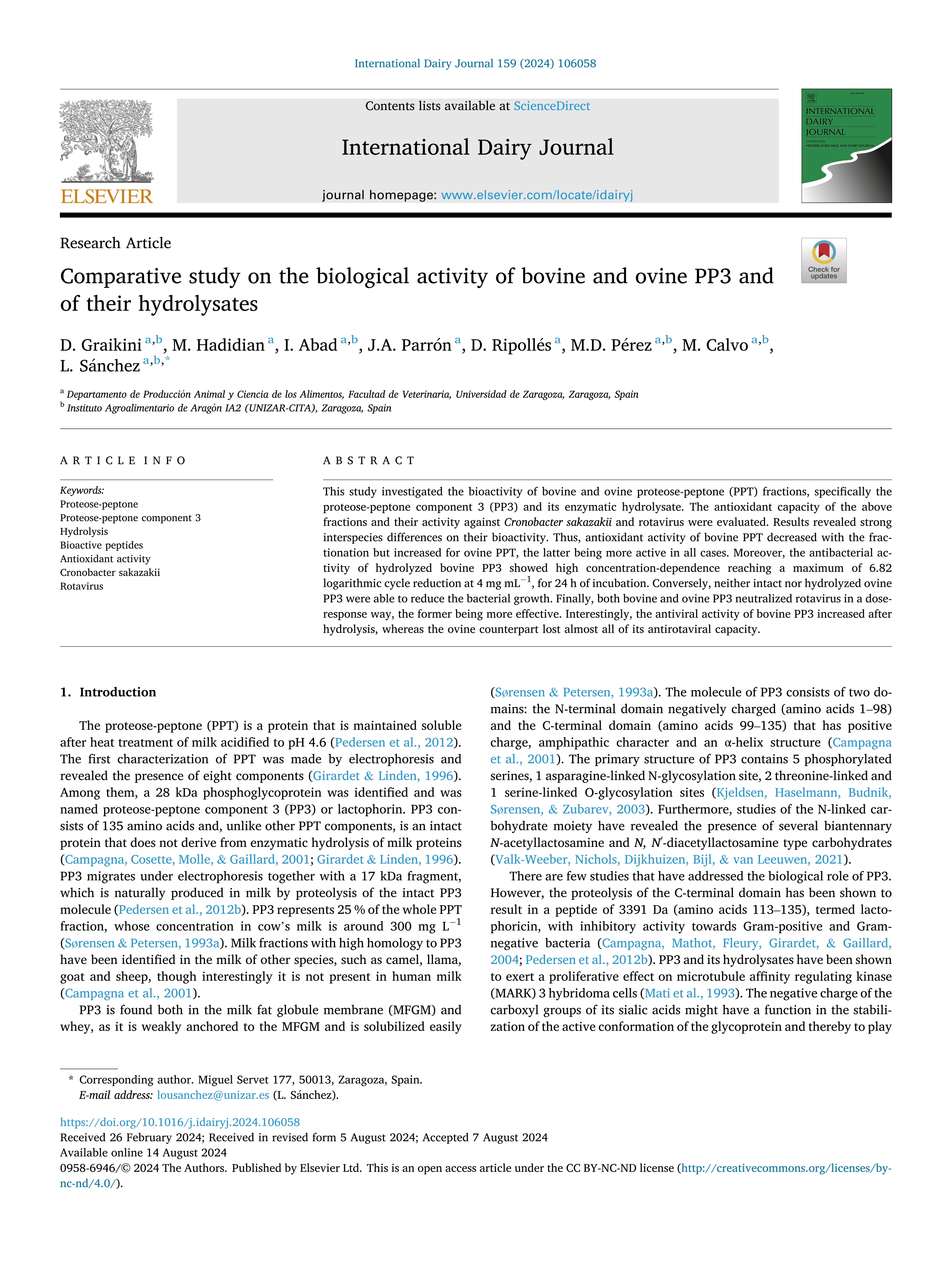 Comparative study on the biological activity of bovine and ovine PP3 and of their hydrolysates