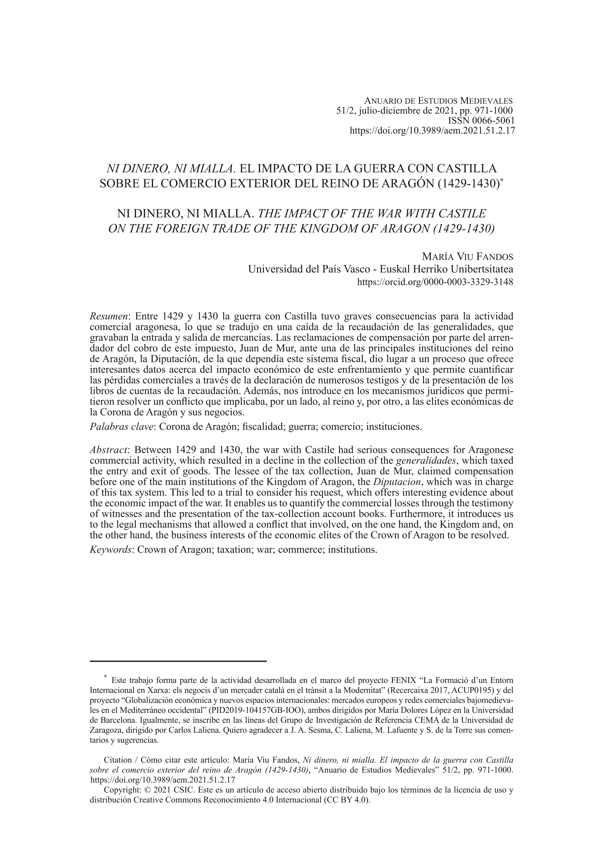 Ni dinero, ni mialla. El impacto de la guerra con Castilla sobre el comercio exterior del reino de Aragón (1429-1430)