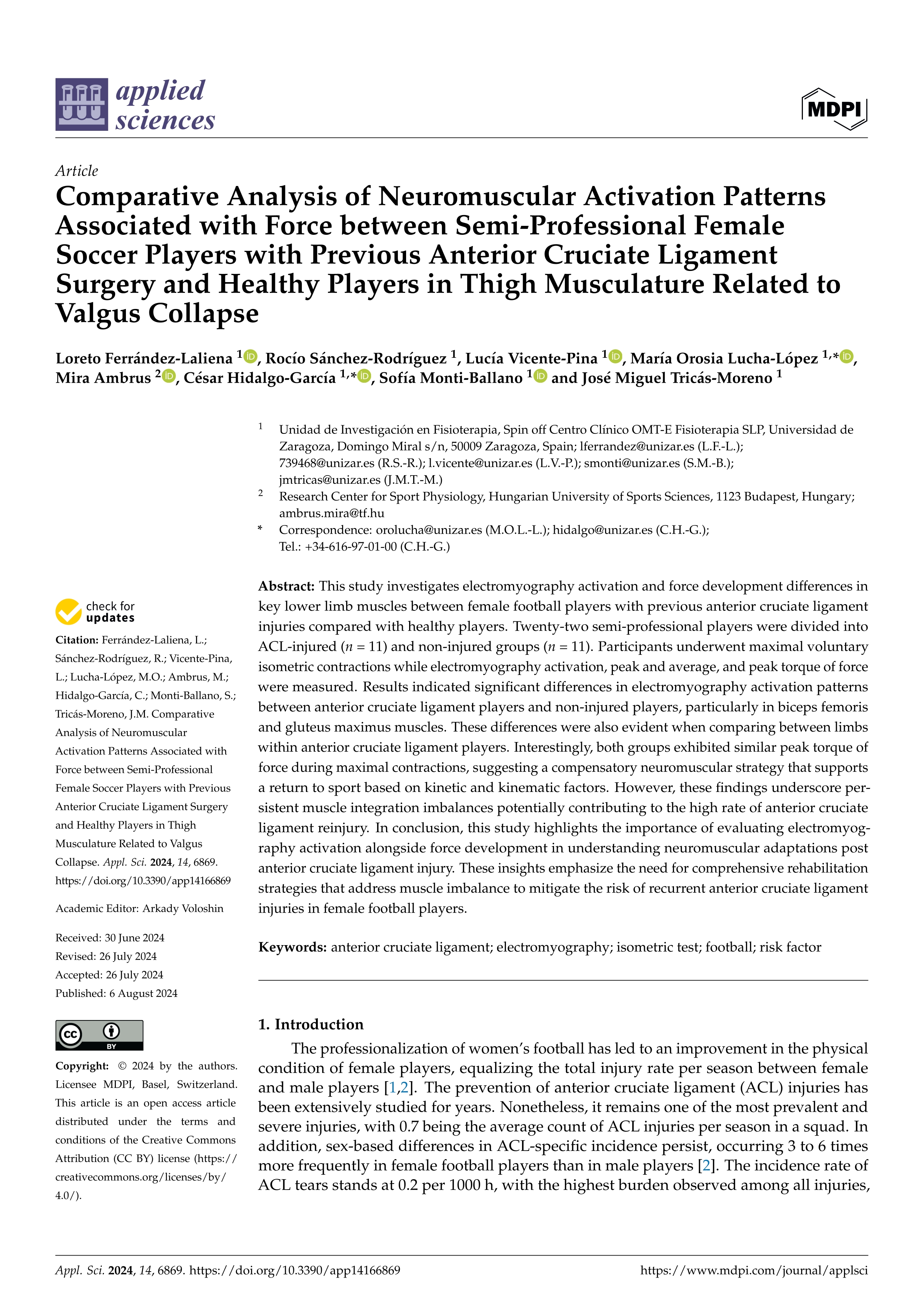 Comparative Analysis of Neuromuscular Activation Patterns Associated with Force between Semi-Professional Female Soccer Players with Previous Anterior Cruciate Ligament Surgery and Healthy Players in Thigh Musculature Related to Valgus Collapse