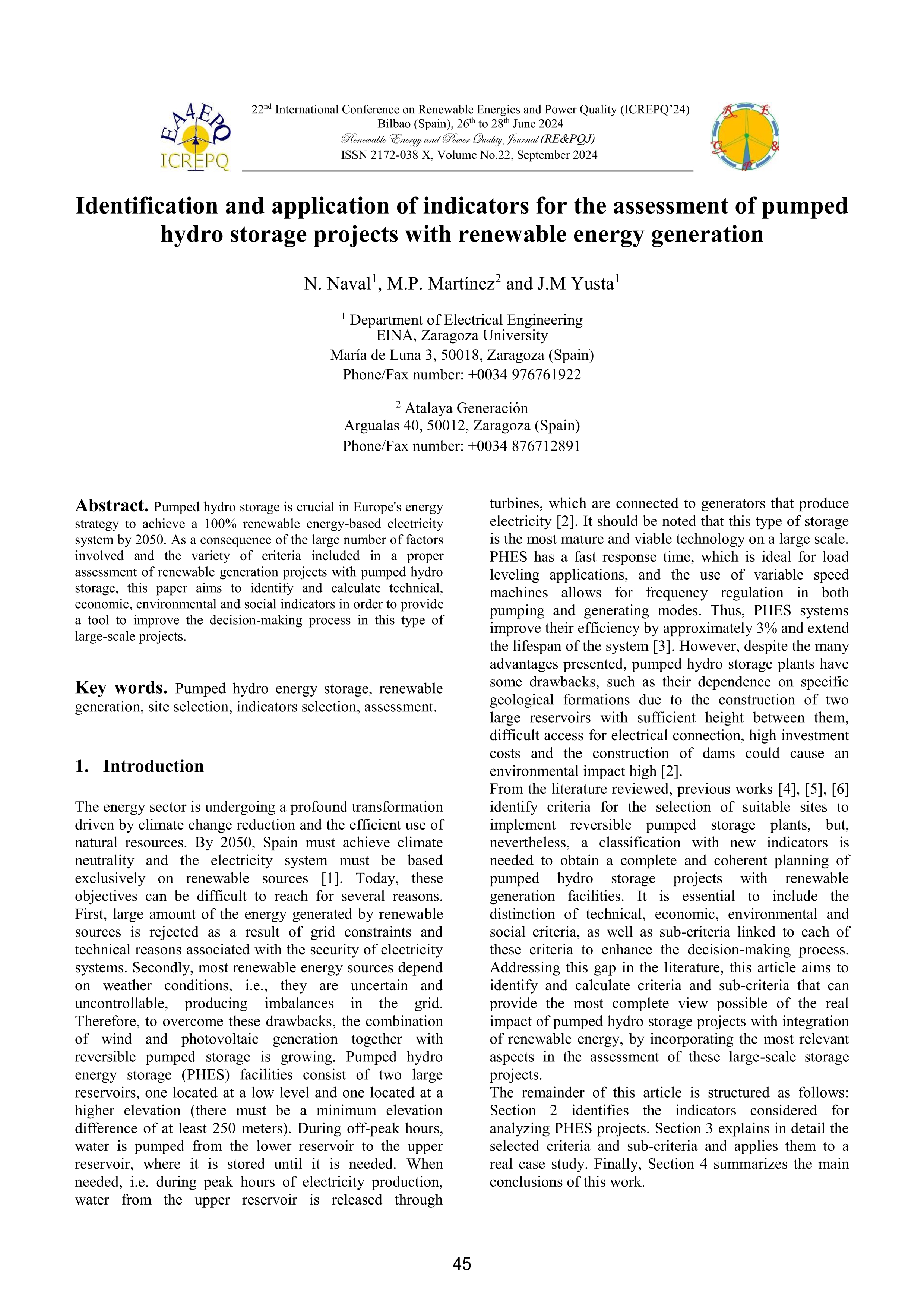 Identification and application of indicators for the assessment of pumped hydro storage projects with renewable energy generation