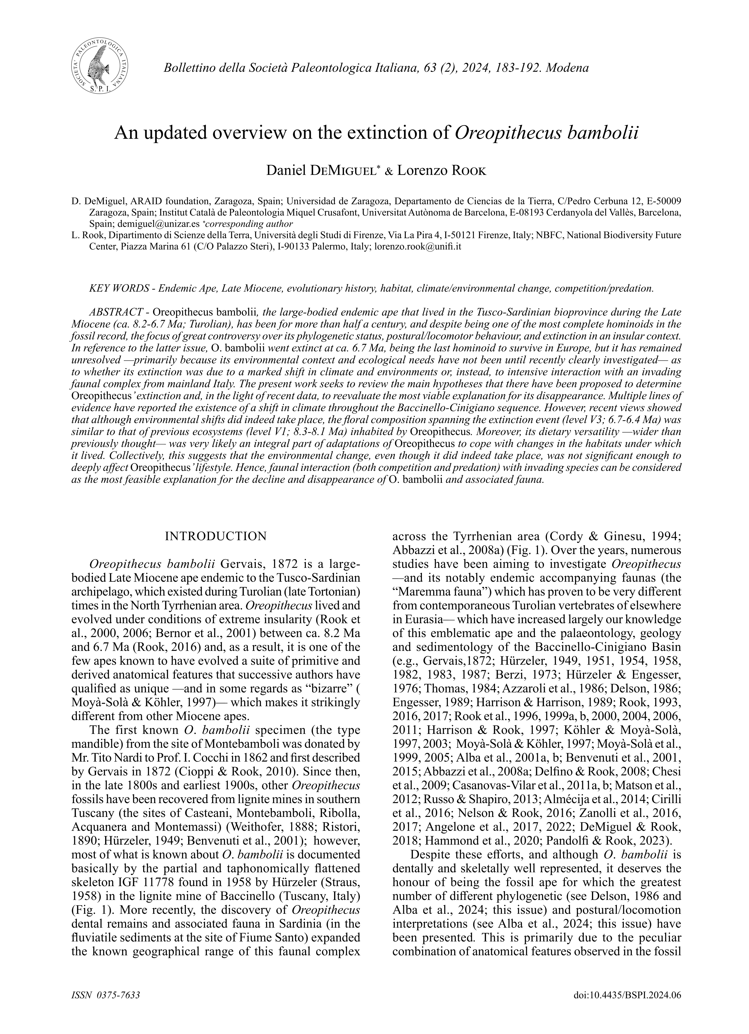 An updated overview on the extinction of Oreopithecus bambolii