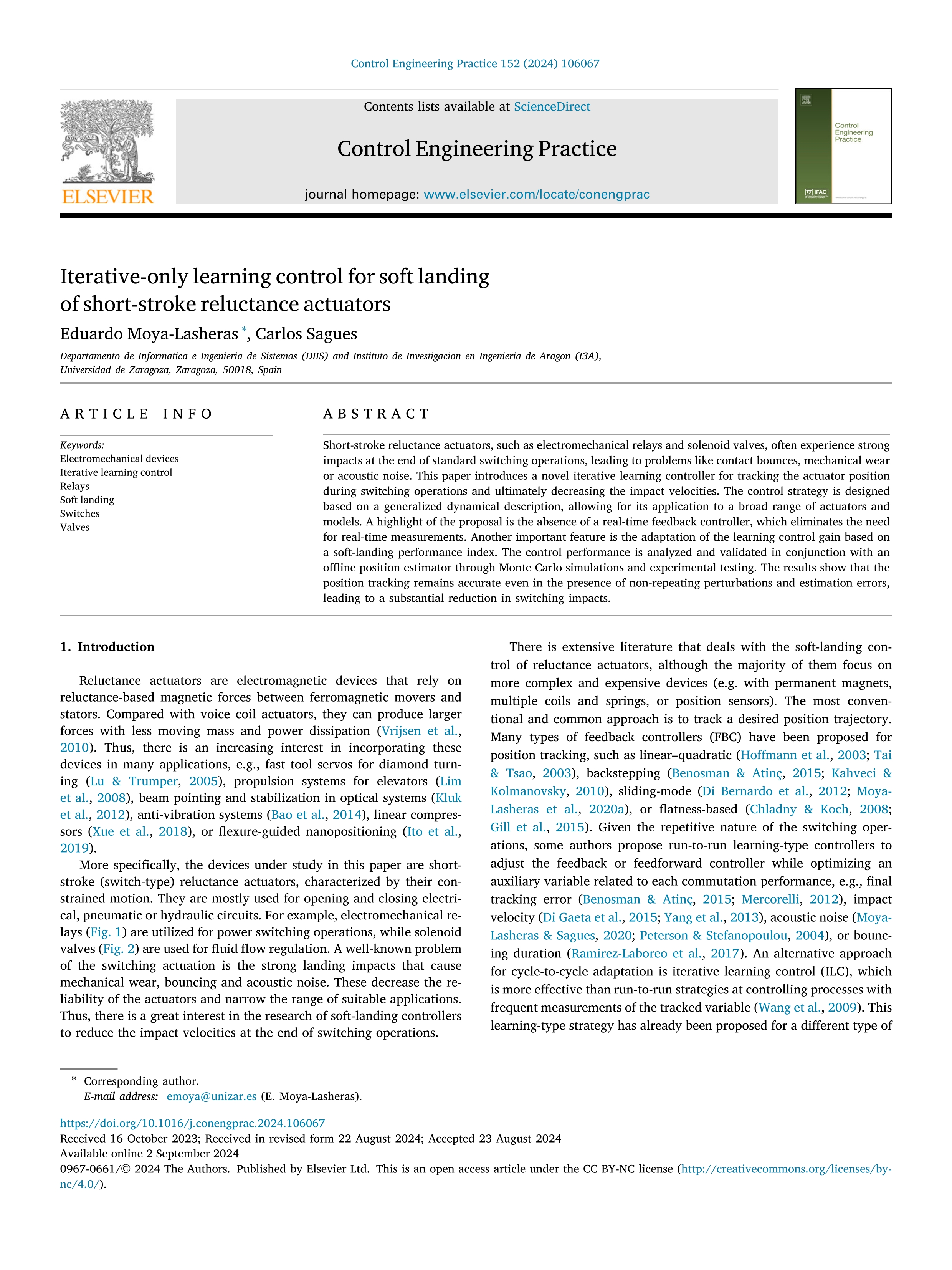 Iterative-only learning control for soft landing of short-stroke reluctance actuators