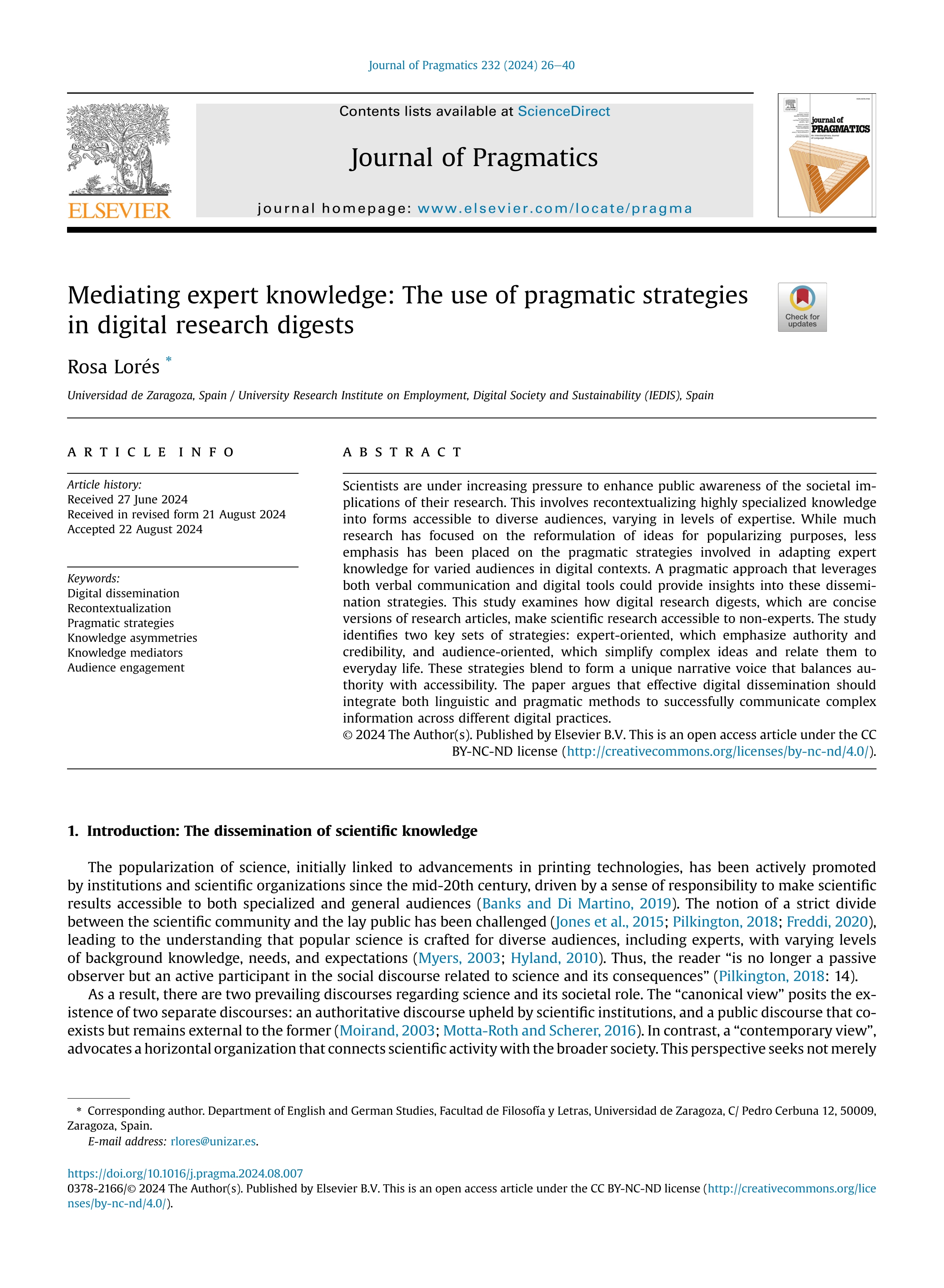 Mediating expert knowledge: The use of pragmatic strategies in digital research digests