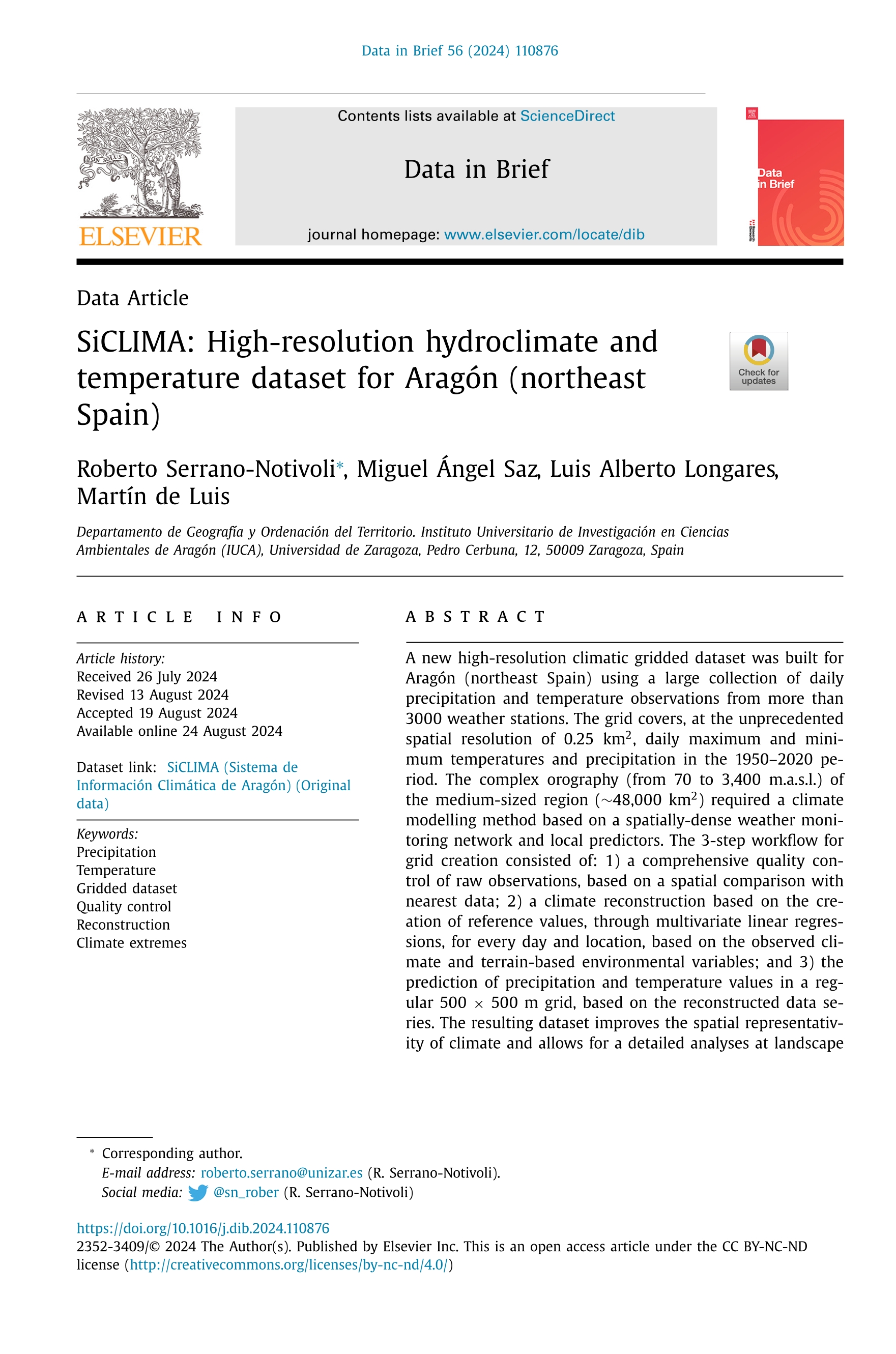 SiCLIMA: High-resolution hydroclimate and temperature dataset for Aragón (northeast Spain)