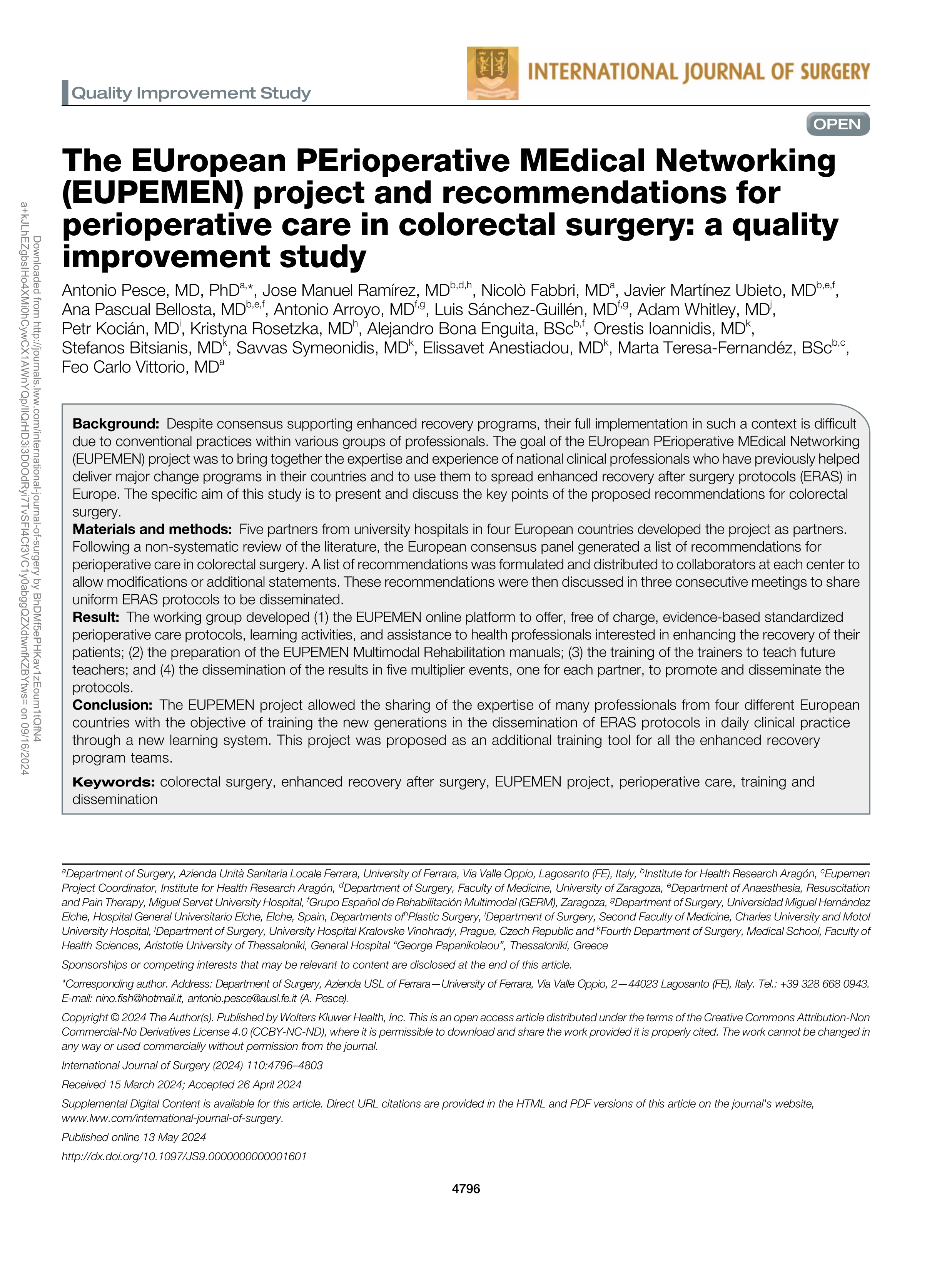 The EUropean PErioperative MEdical Networking (EUPEMEN) project and recommendations for perioperative care in colorectal surgery: a quality improvement study