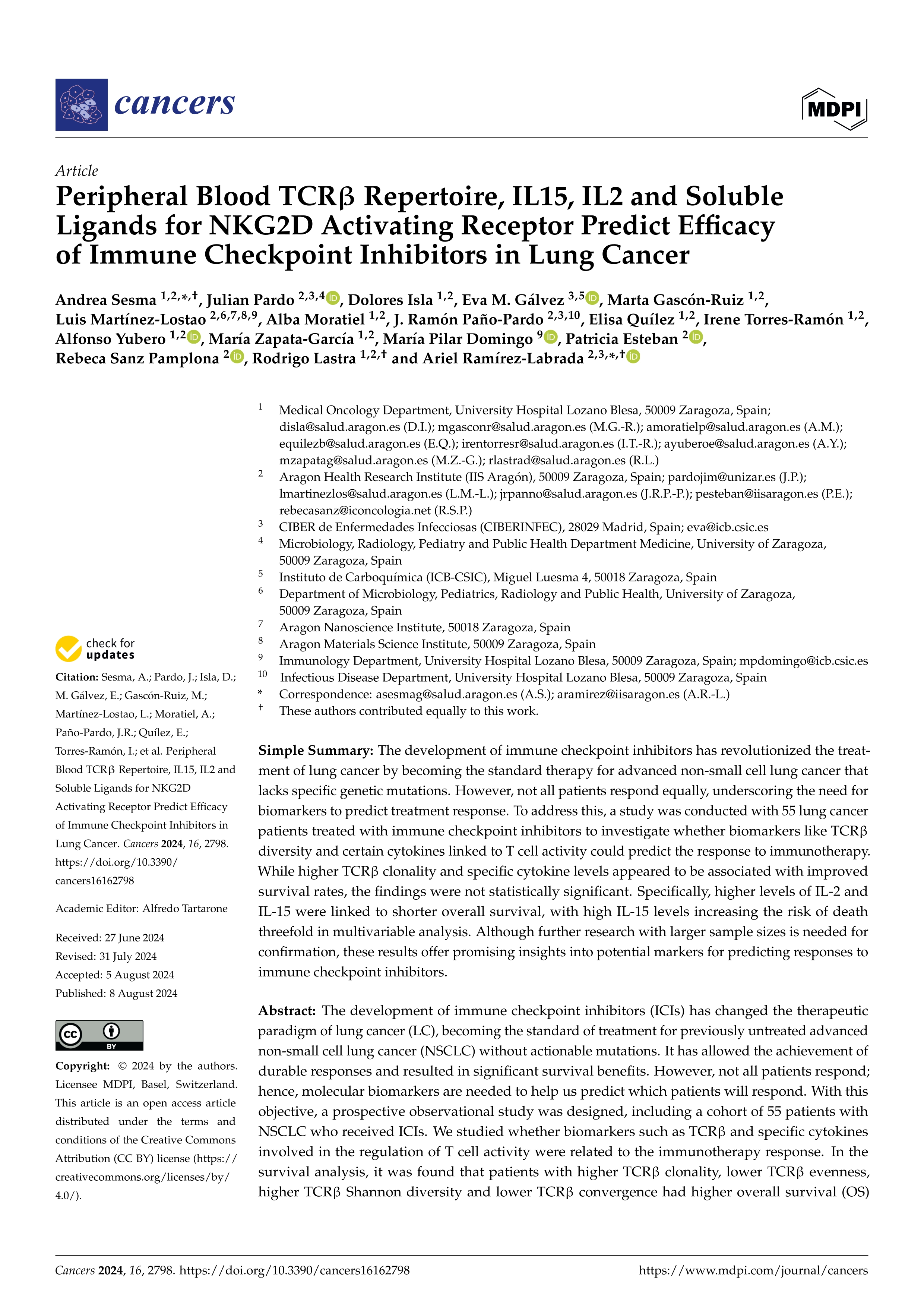 Peripheral Blood TCRß Repertoire, IL15, IL2 and Soluble Ligands for NKG2D Activating Receptor Predict Efficacy of Immune Checkpoint Inhibitors in Lung Cancer