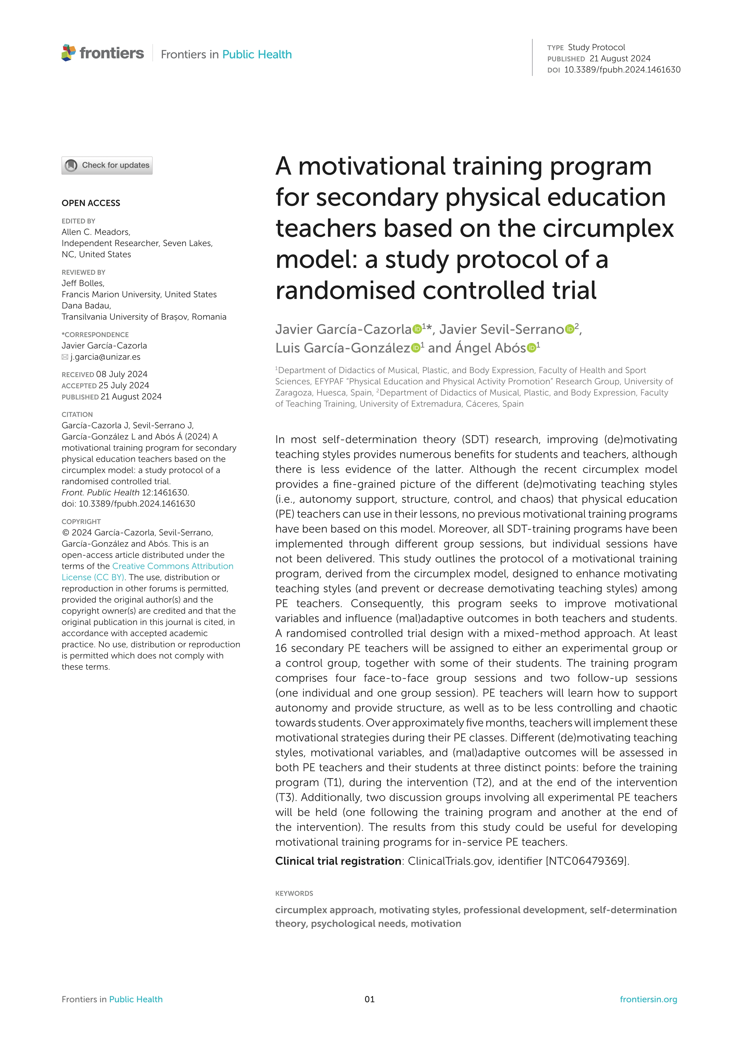 A motivational training program for secondary physical education teachers based on the circumplex model: a study protocol of a randomised controlled trial